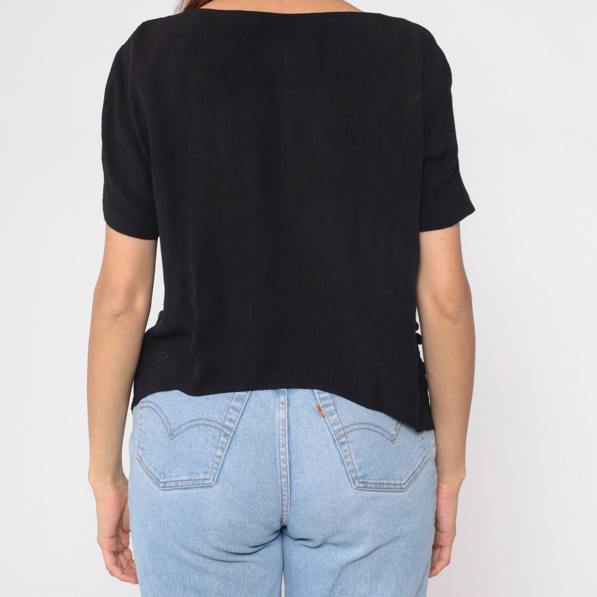 90s Black Leaf Patch Blouse Short Sleeve Button Side Slit Rayon Top Medium