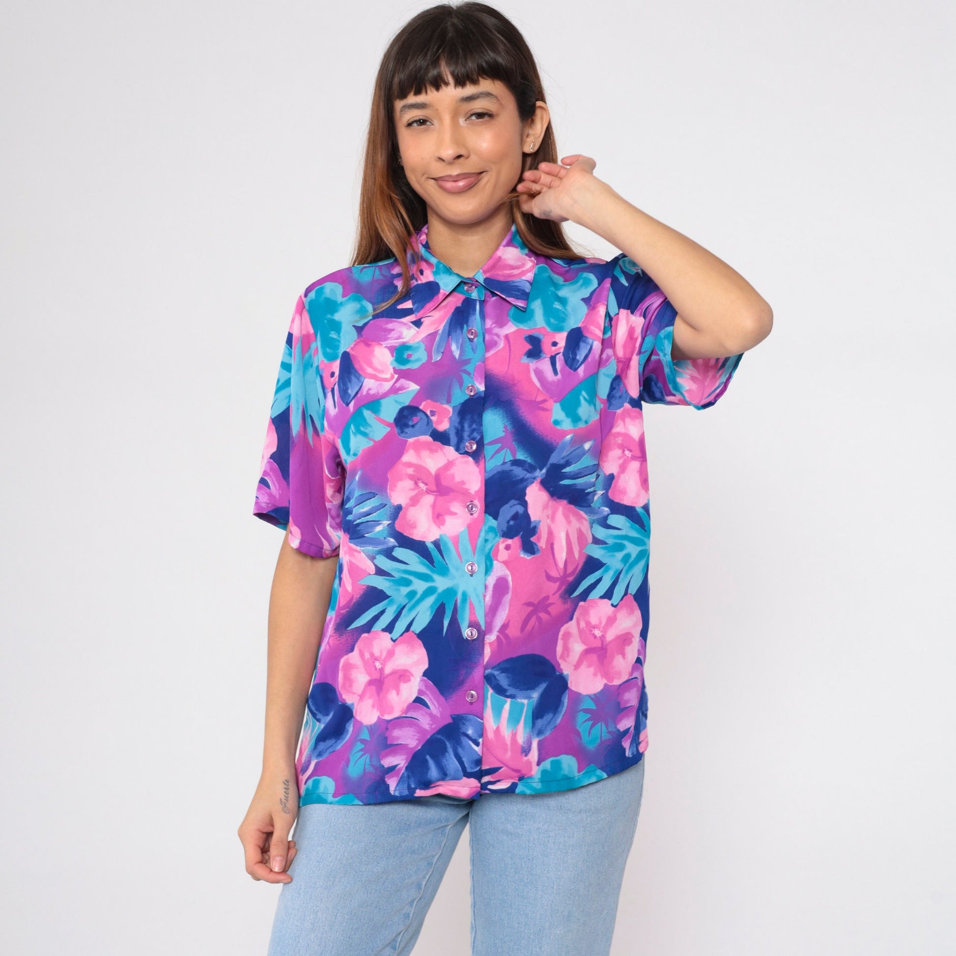 90s Bon Worth Hawaiian Floral Blouse Pink Purple Blue Short Sleeve Small