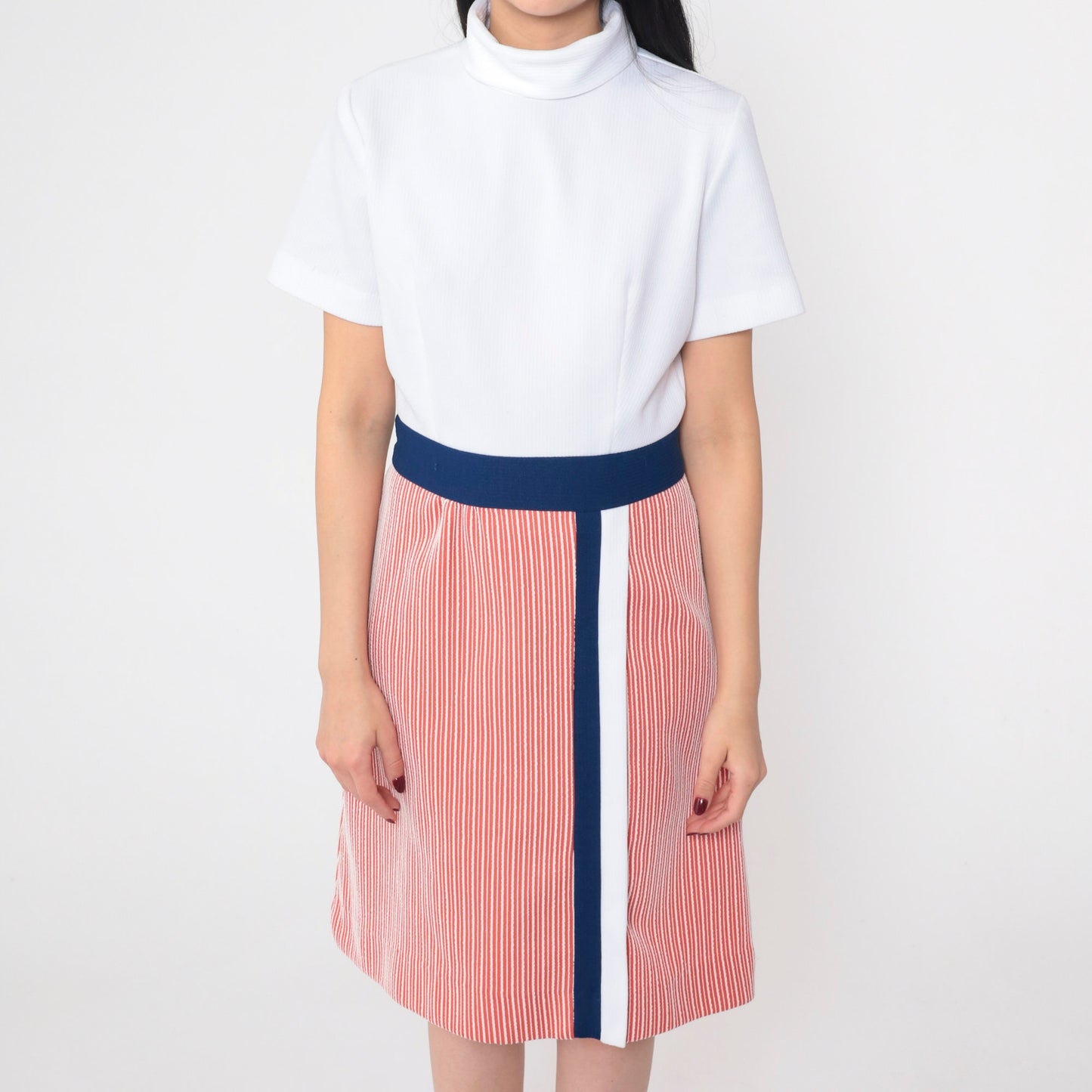 60s Striped Shift Dress Mock Neck Mini Red White Navy Blue Medium M