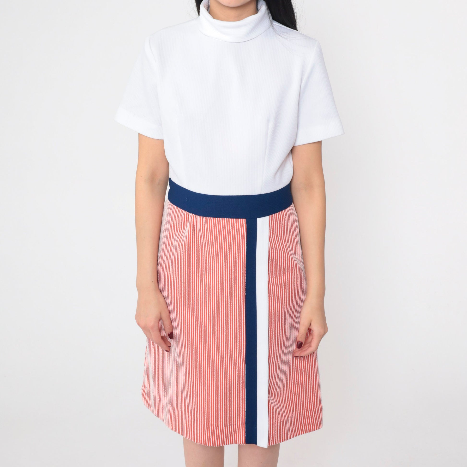 60s Striped Shift Dress Mock Neck Mini Red White Navy Blue Medium M