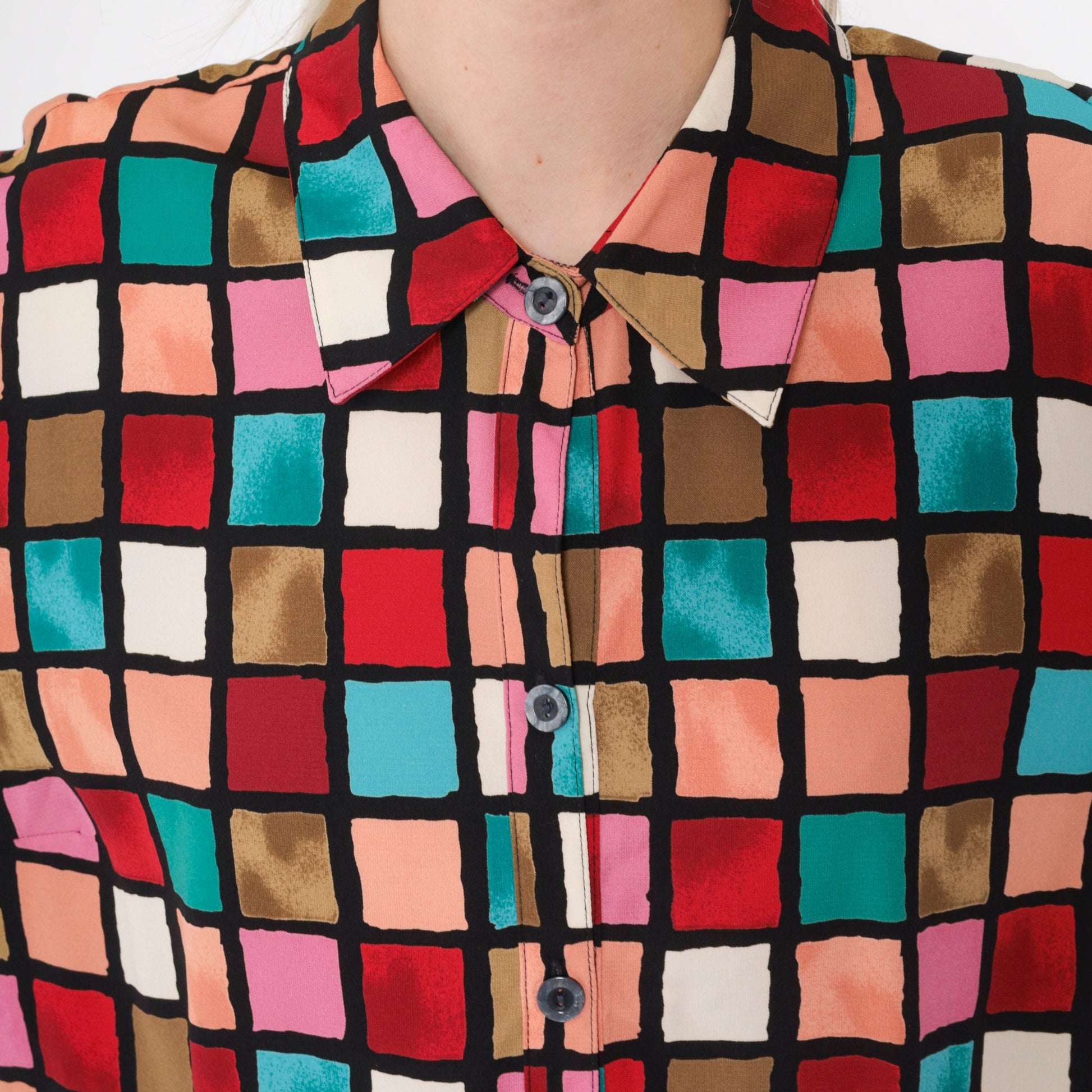 90s Checkered Button-Up Blouse 3/4 Sleeve Red Pink Turquoise Preppy Extra Large