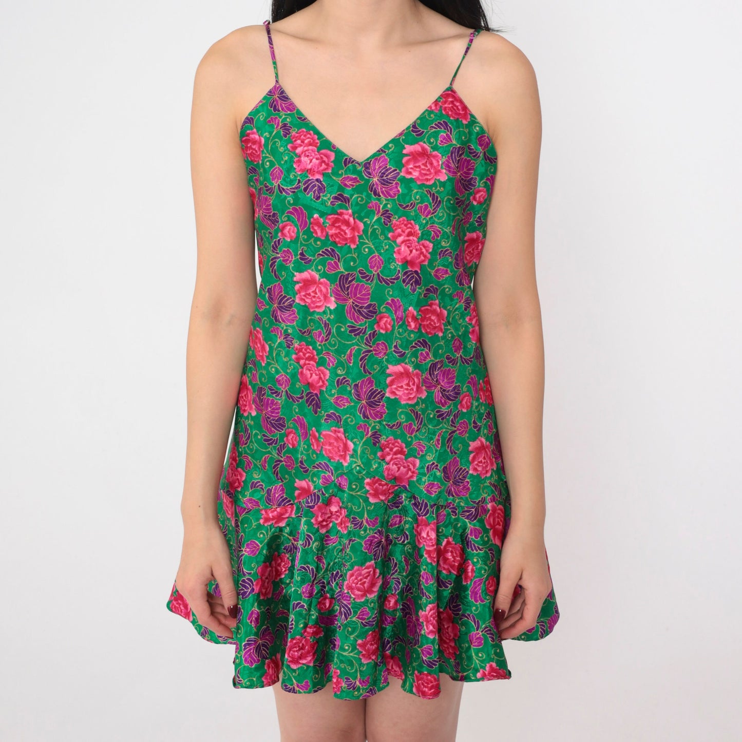 90s Green Floral Mini Slip Dress Drop Waist Spaghetti Strap Small M