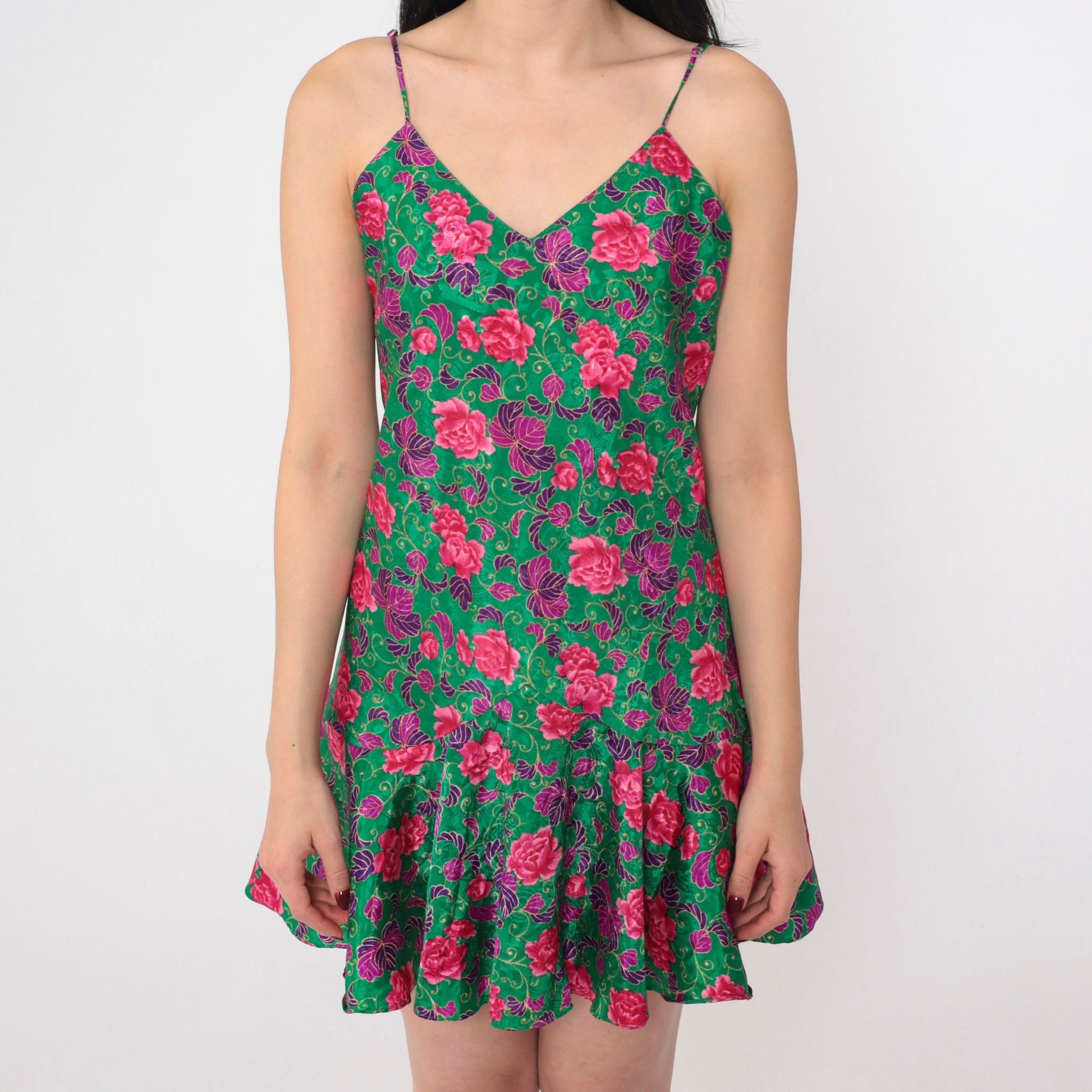 90s Green Floral Mini Slip Dress Drop Waist Spaghetti Strap Small M