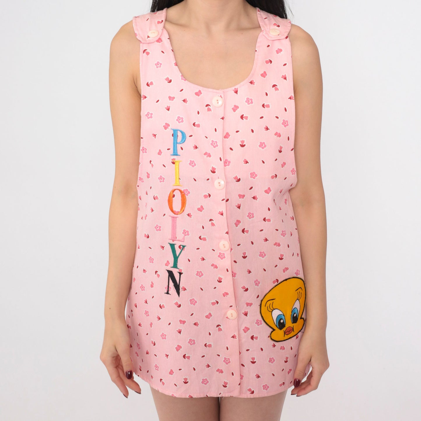 90s Tweety Bird Piolyn Floral Mini Dress Pink Sleeveless Button-Up Extra Small
