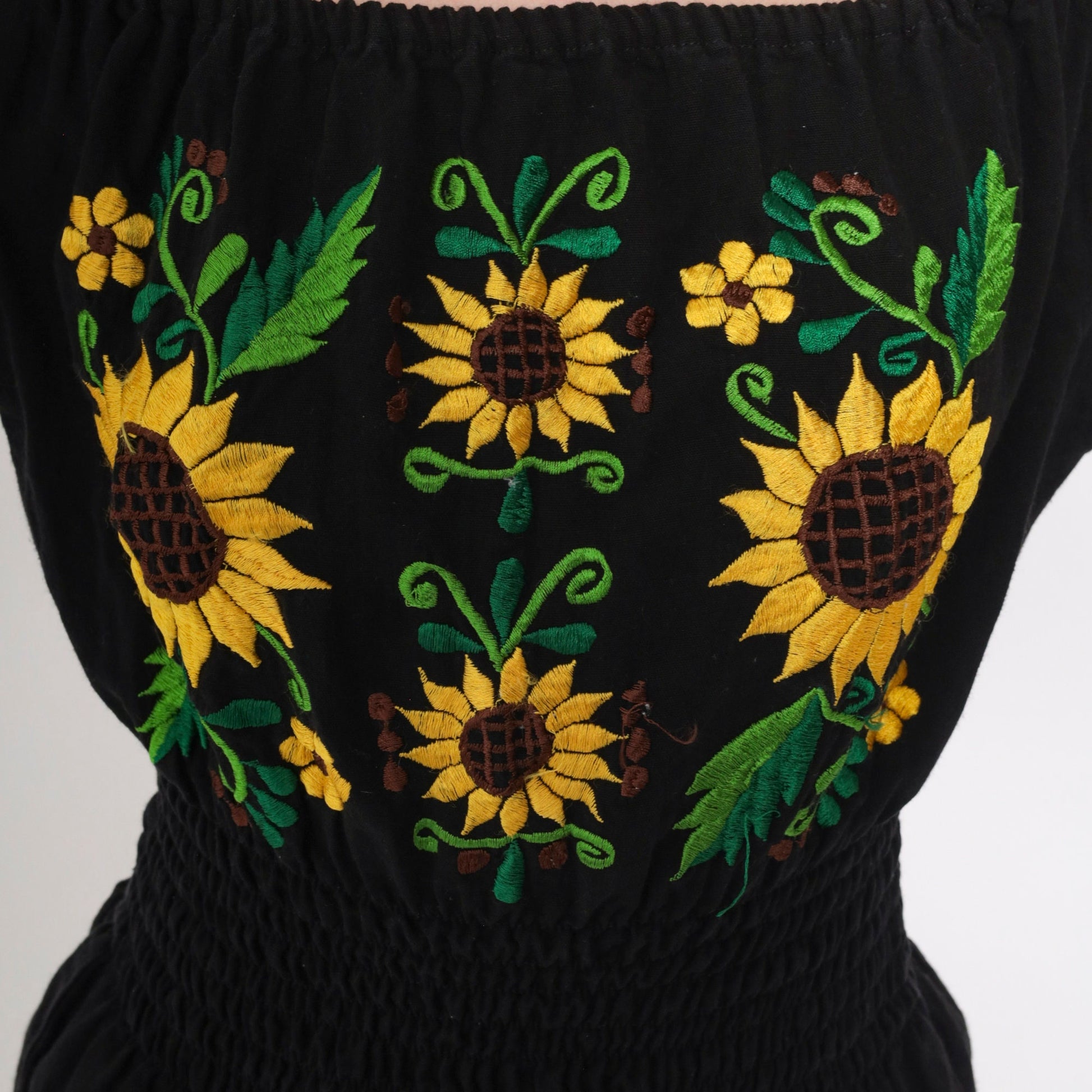 90s Mexican Embroidered Blouse Black Off-Shoulder Sunflower Smocked Small