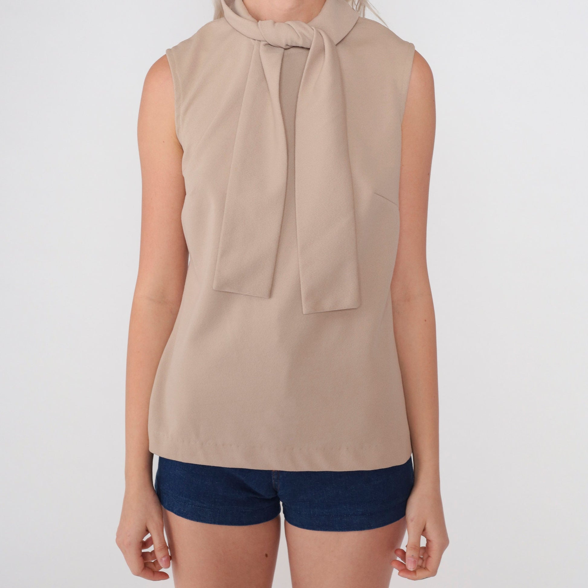 70s Taupe Ascot Tank Top Sleeveless Blouse Rear Zip Small