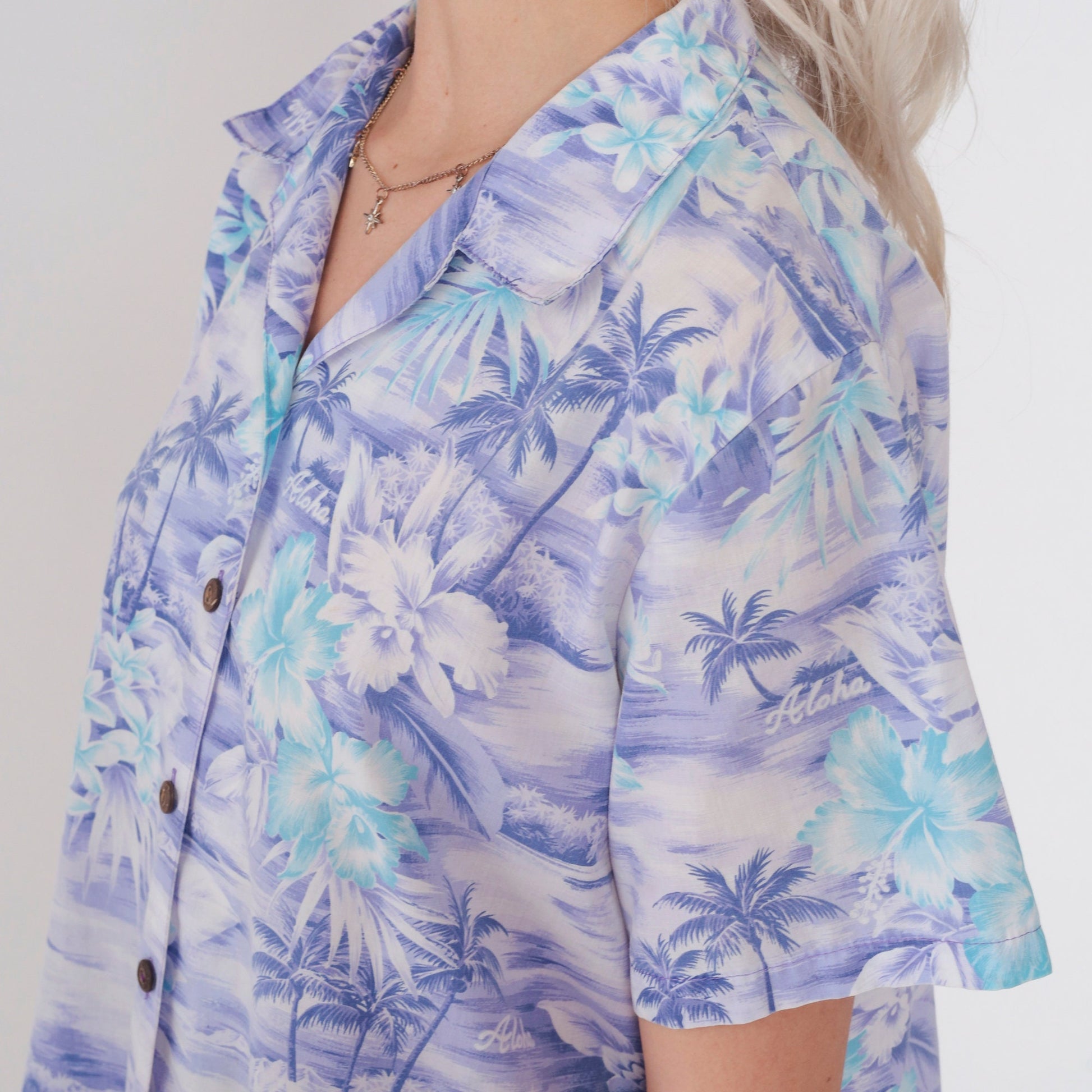90s Purple Hawaiian Shirt Tropical Floral Aloha Print Button Up Medium M