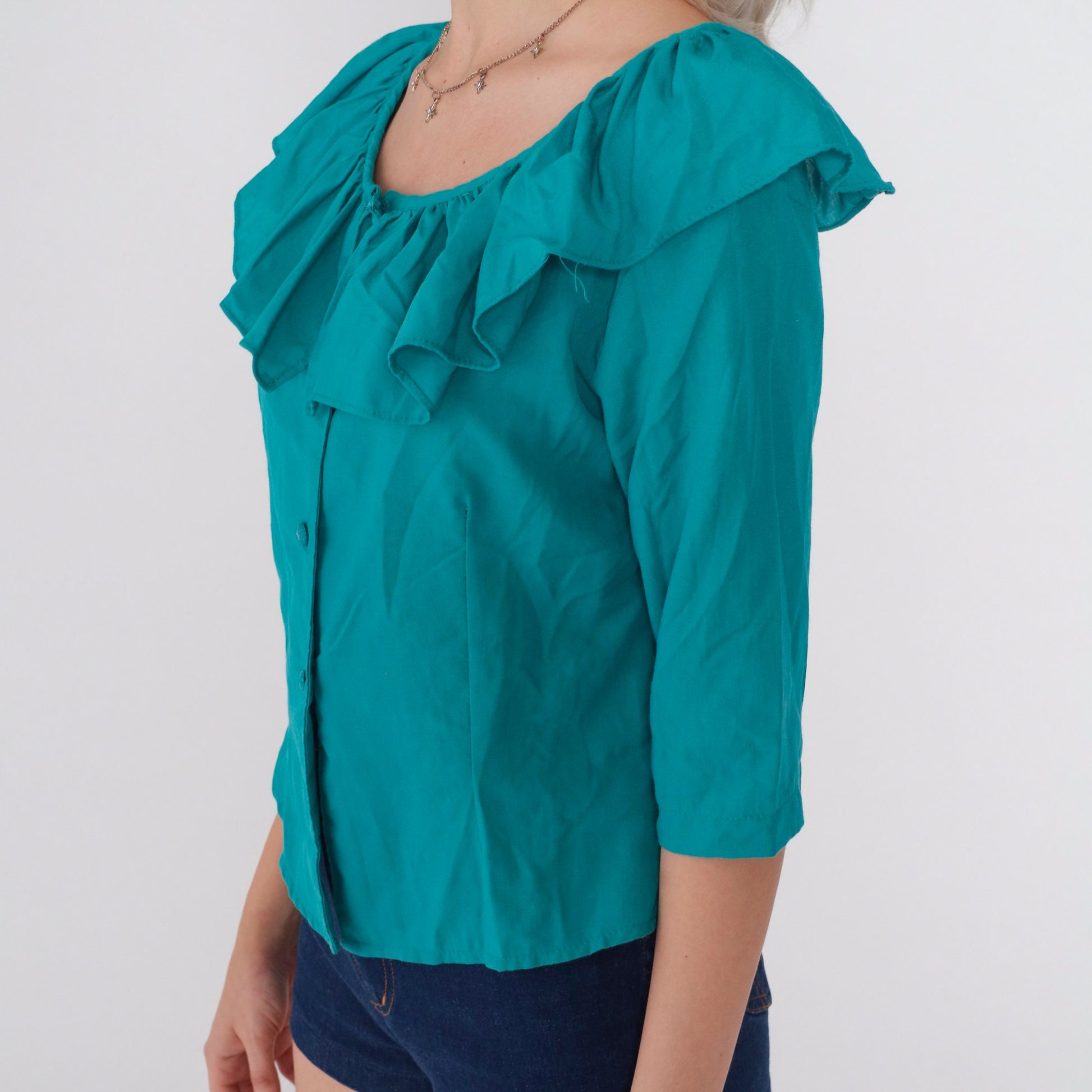80s Teal Ruffled Neckline Button-Up Blouse 3/4 Sleeve Medium