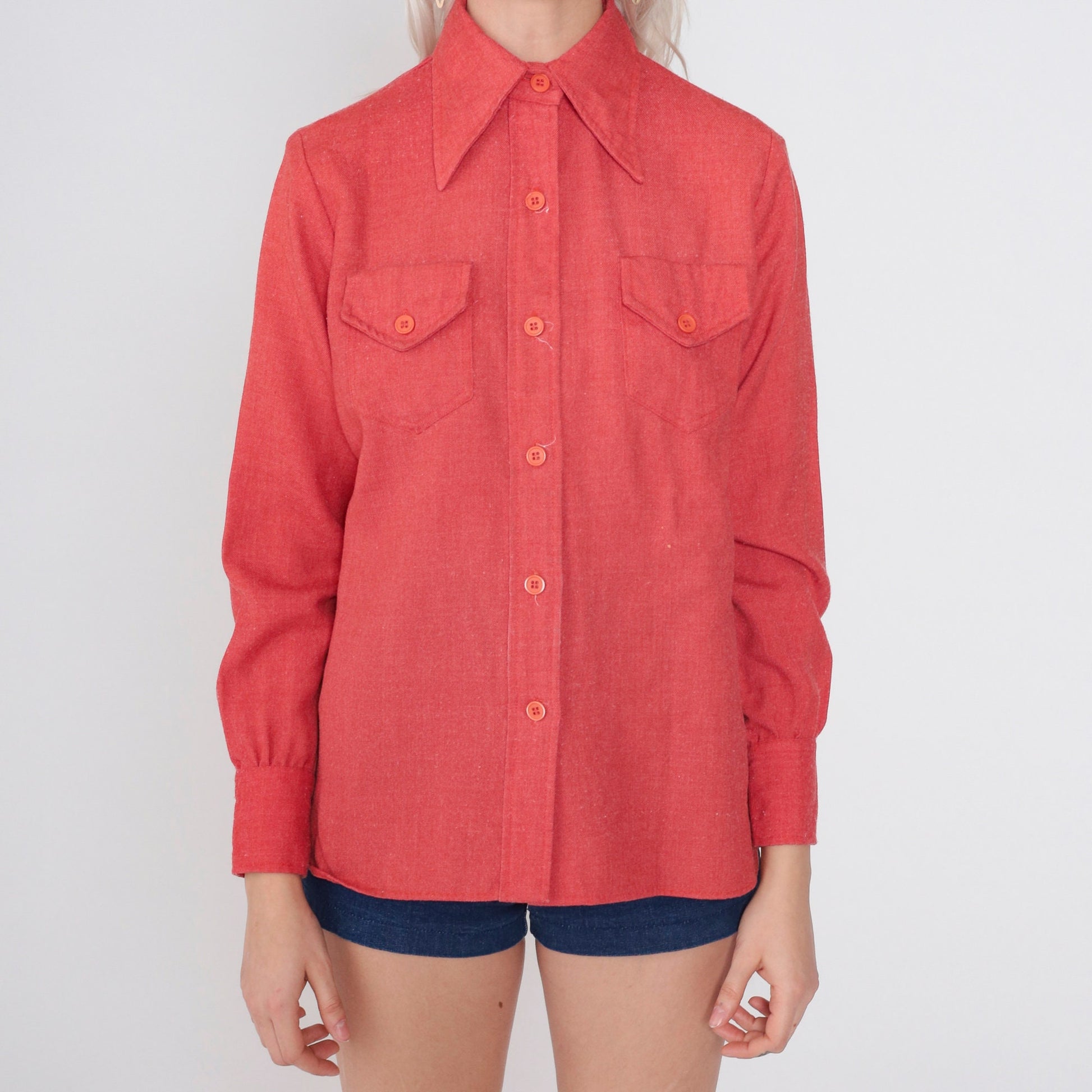 70s Lady Manhattan Red Button-Up Blouse Dagger Collar Long Sleeve Medium