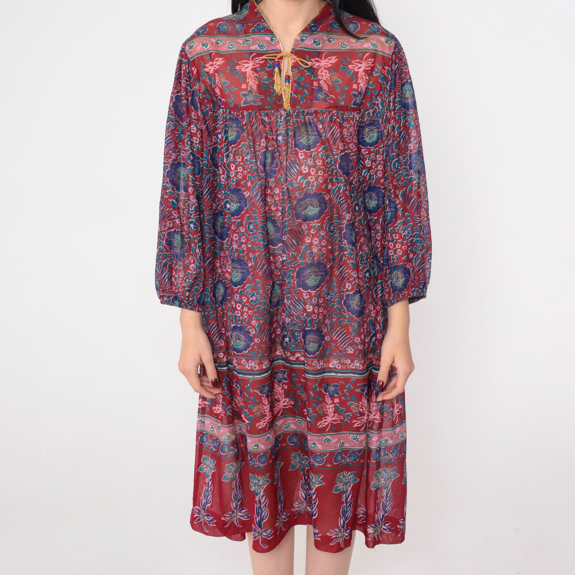 70s Tabby California Midi Dress Indian Floral Print Long Sleeve Red Blue XL
