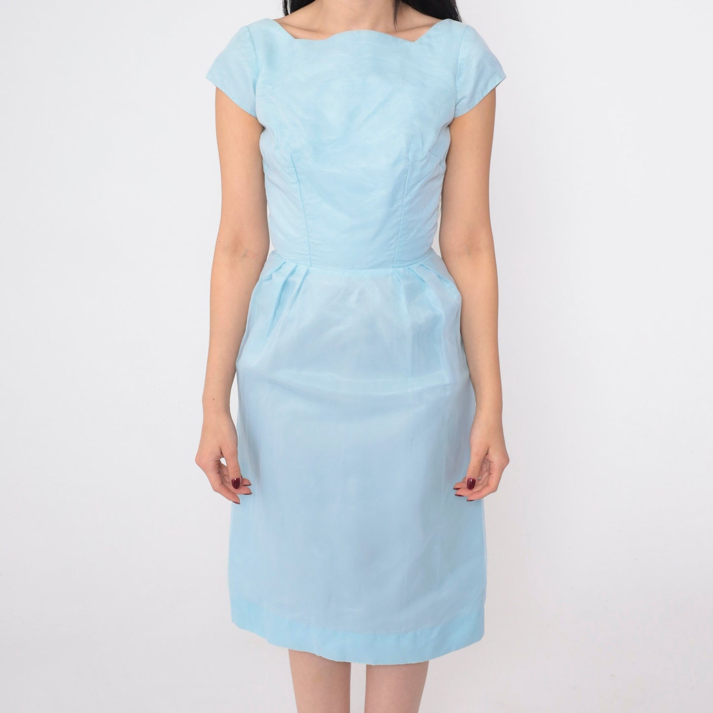 60s Baby Blue Scalloped Neckline Sheath Dress Cap Sleeve Knee Length Extra Small