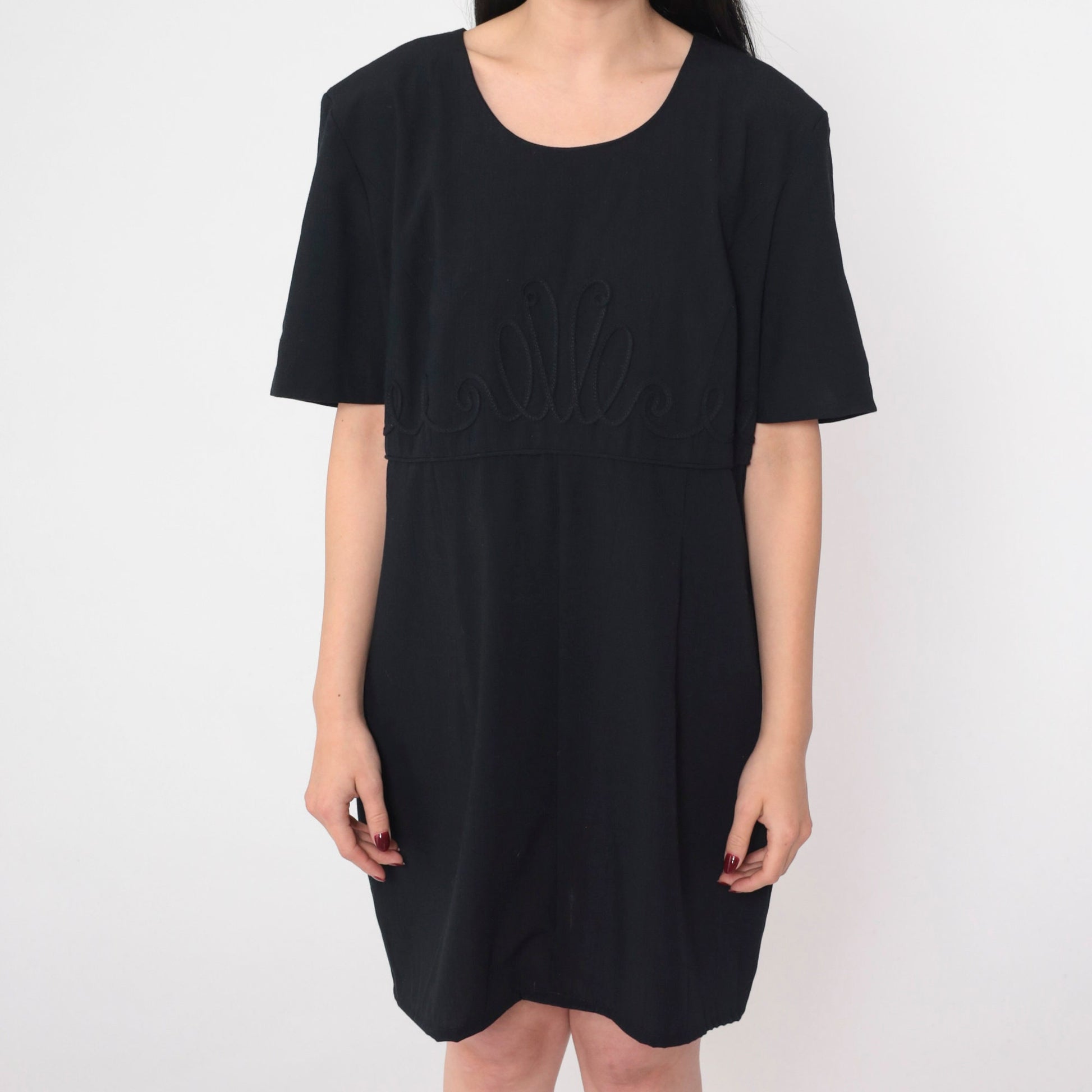 90s Kathie Lee Black Mini Shift Dress Soutache Trim Short Sleeve Large
