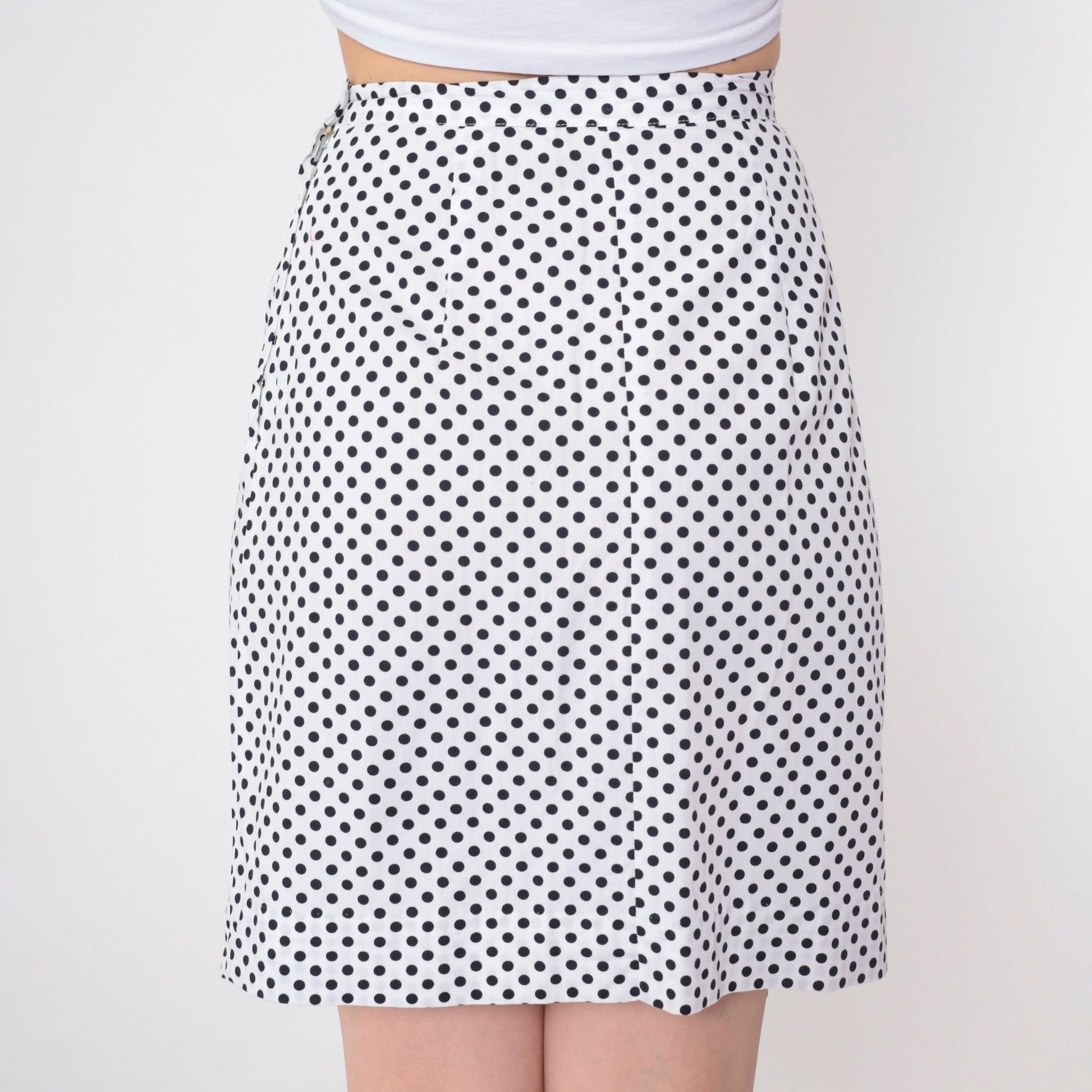 70s Polka Dot Mini Skirt High Waist Pencil Cut White Black Small