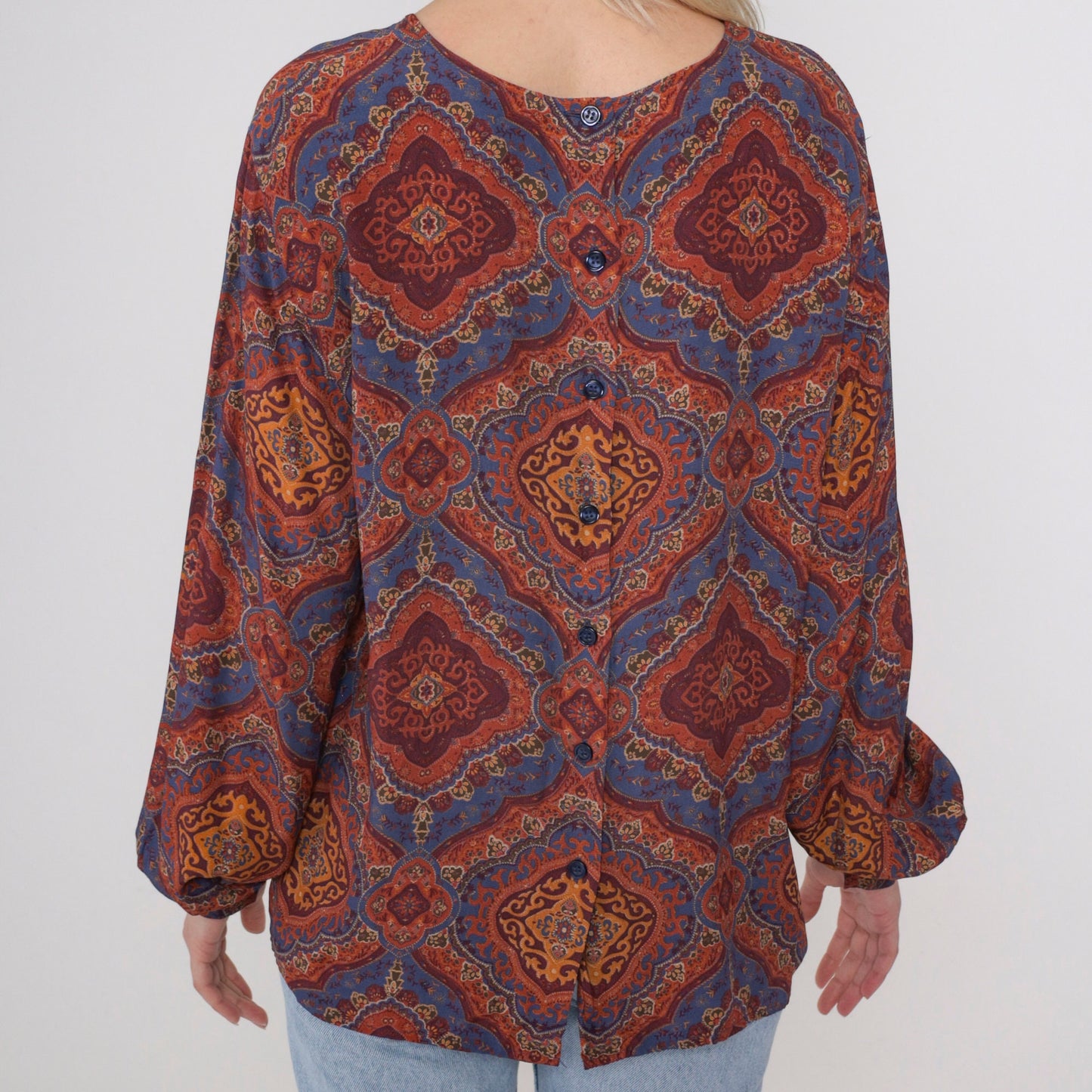 90s Liz Claiborne Geometric Print Blouse Back Button Long Sleeve Small 6