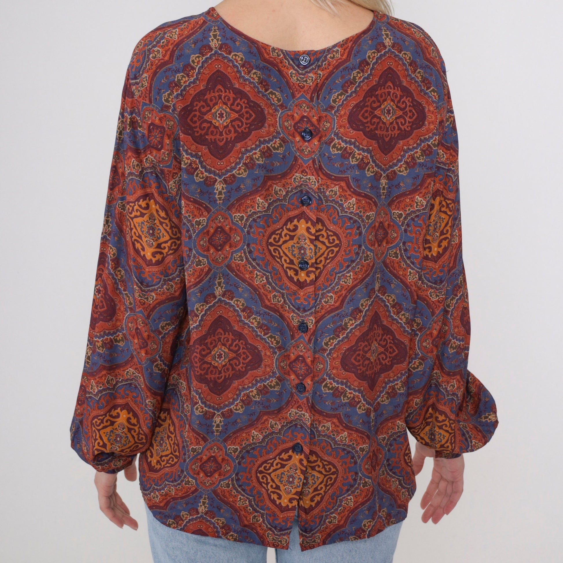 90s Liz Claiborne Geometric Print Blouse Back Button Long Sleeve Small 6