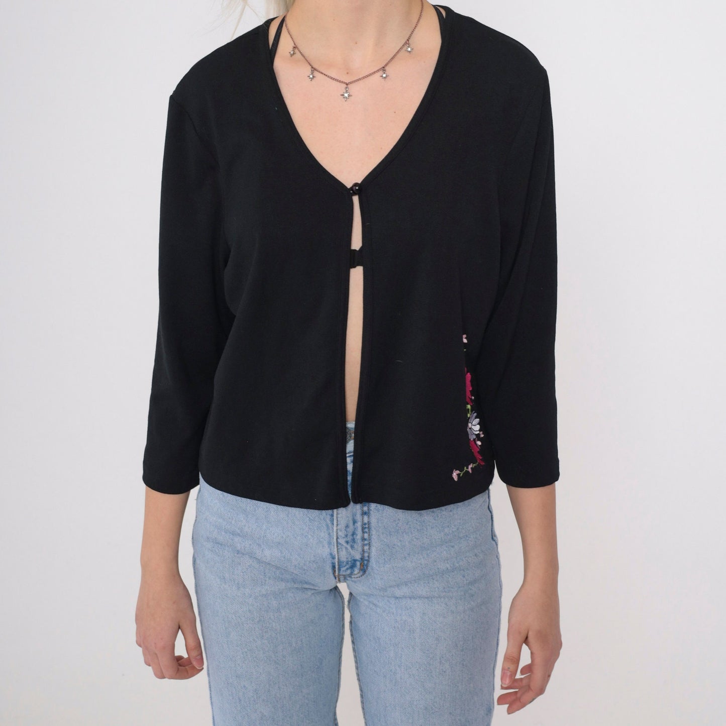 90s Sheri Martin Floral Embroidered Cardigan Black Pink Button Chest Small