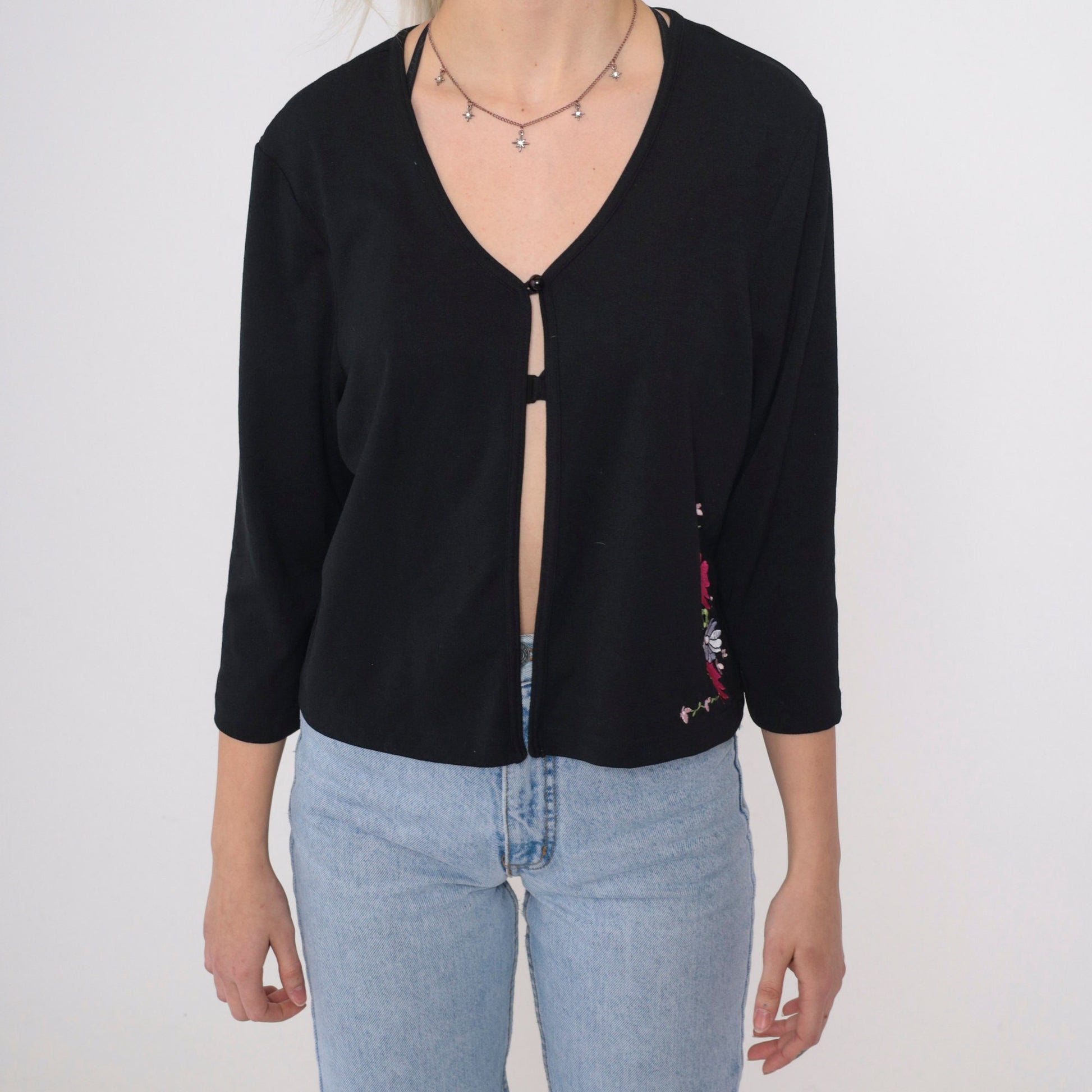 90s Sheri Martin Floral Embroidered Cardigan Black Pink Button Chest Small