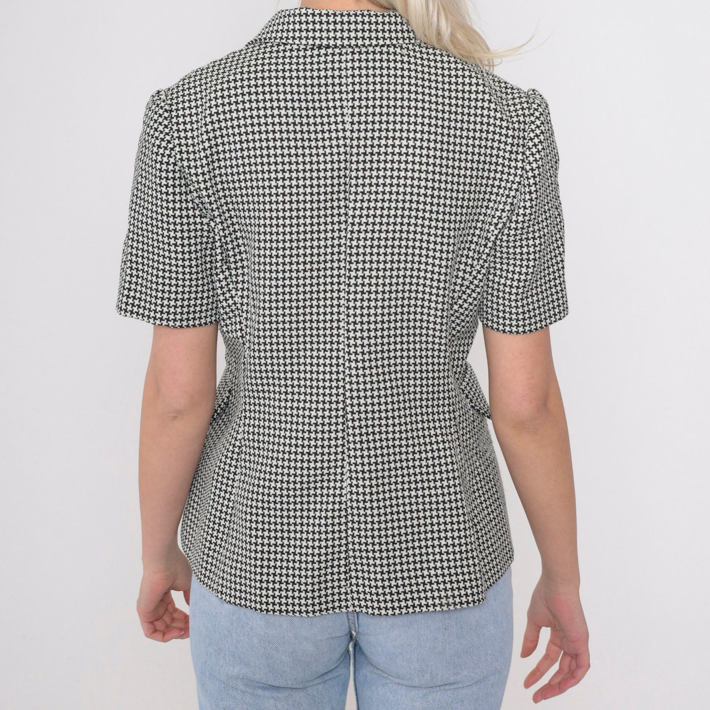 90s Houndstooth Double Breasted Blouse Black White Checkered Button Up Small