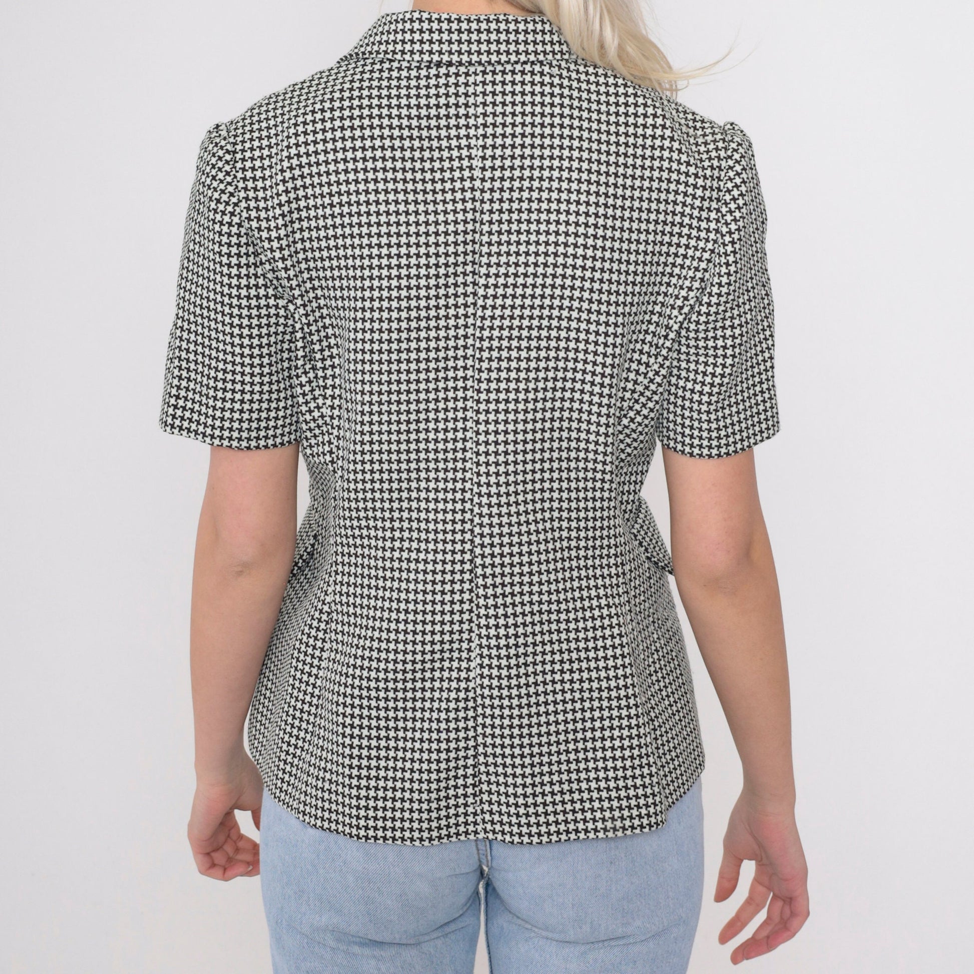90s Houndstooth Double Breasted Blouse Black White Checkered Button Up Small