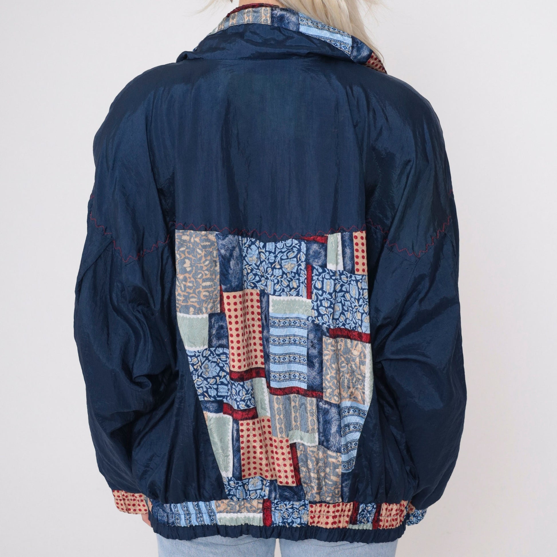 90s Patchwork Windbreaker Blue Zip Jacket Floral Geometric Polka Dot Large L