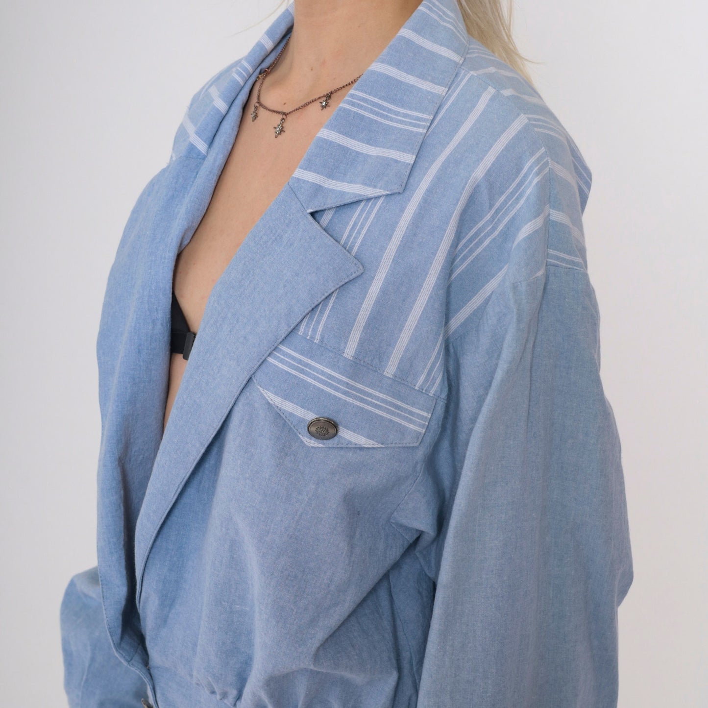 90s Ali Miles Chambray Blazer Blue Striped Deep V Neck Button Jacket Large