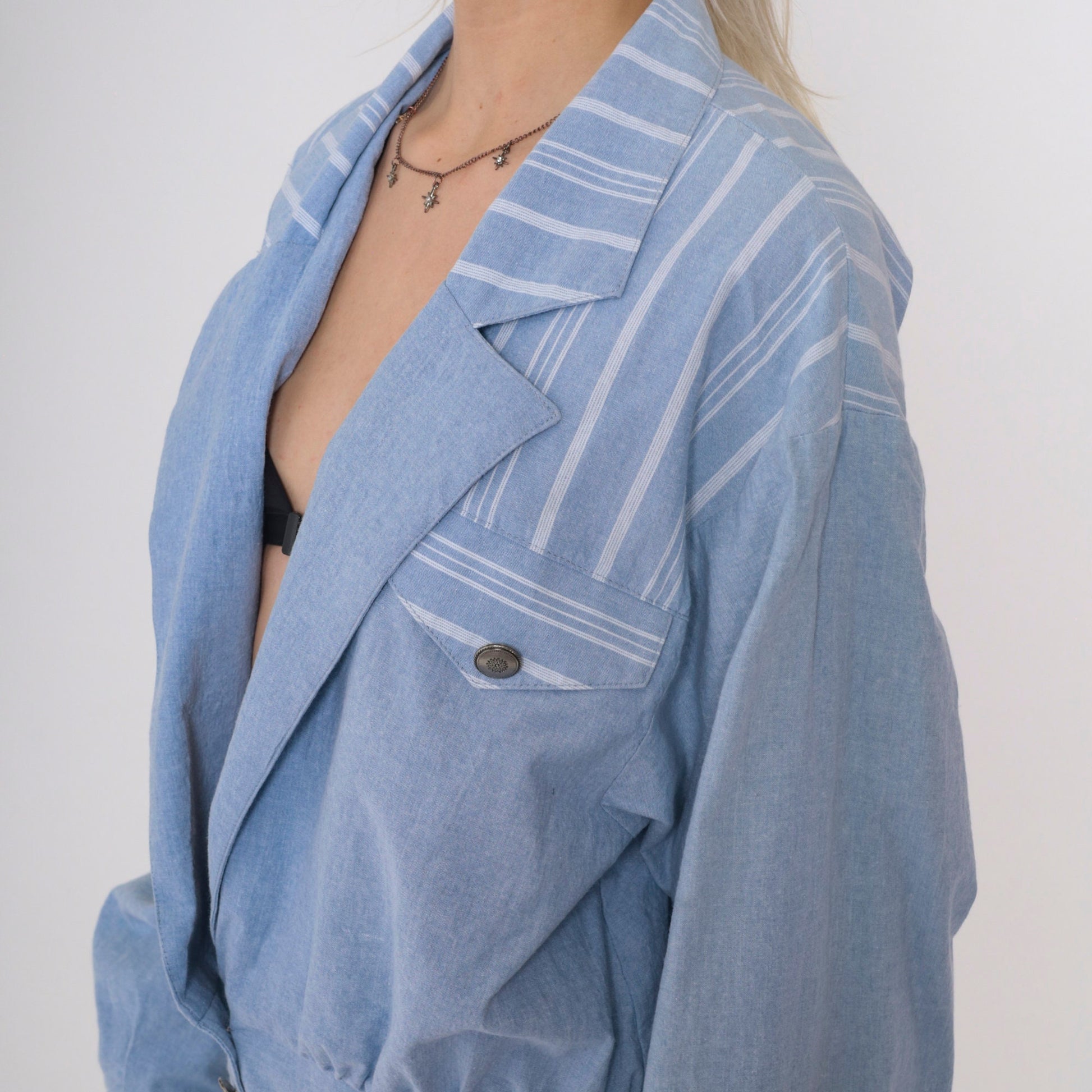 90s Ali Miles Chambray Blazer Blue Striped Deep V Neck Button Jacket Large