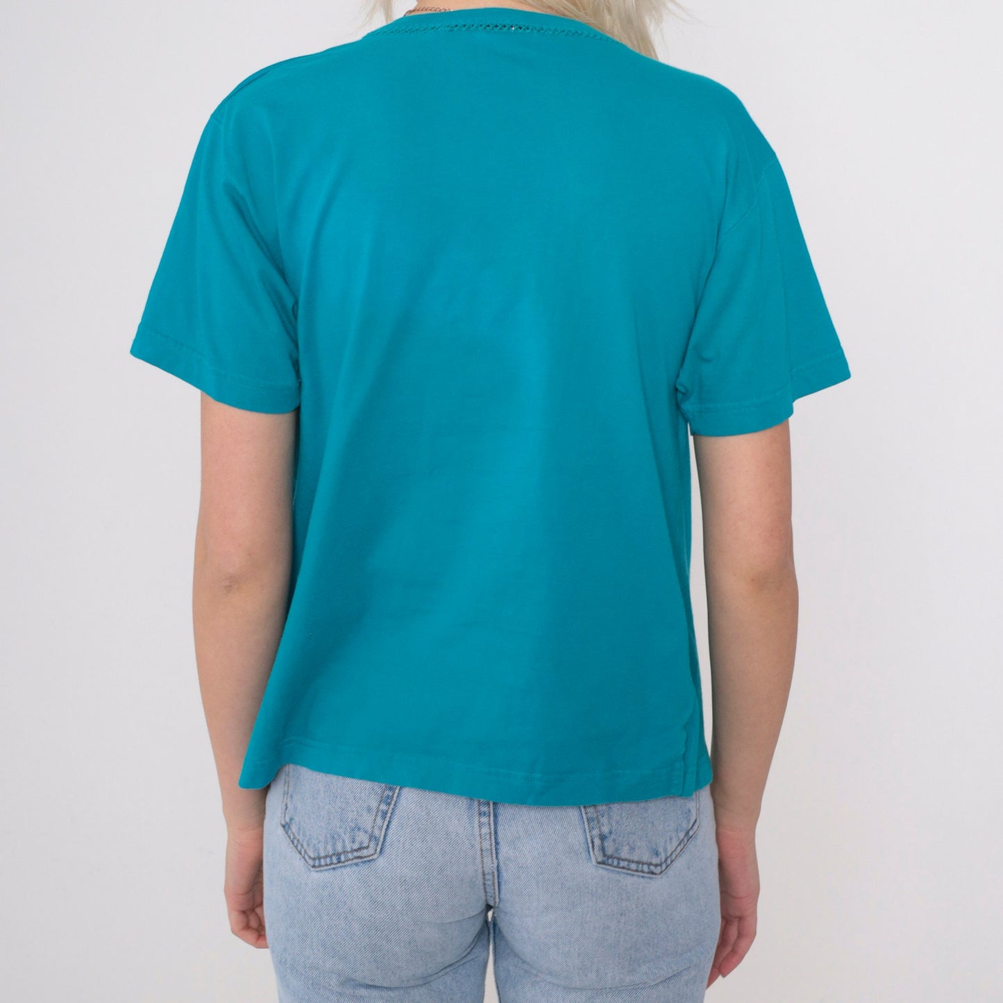 90s Liz Claiborne Turquoise T-Shirt Chest Pocket Cutout Crewneck Small