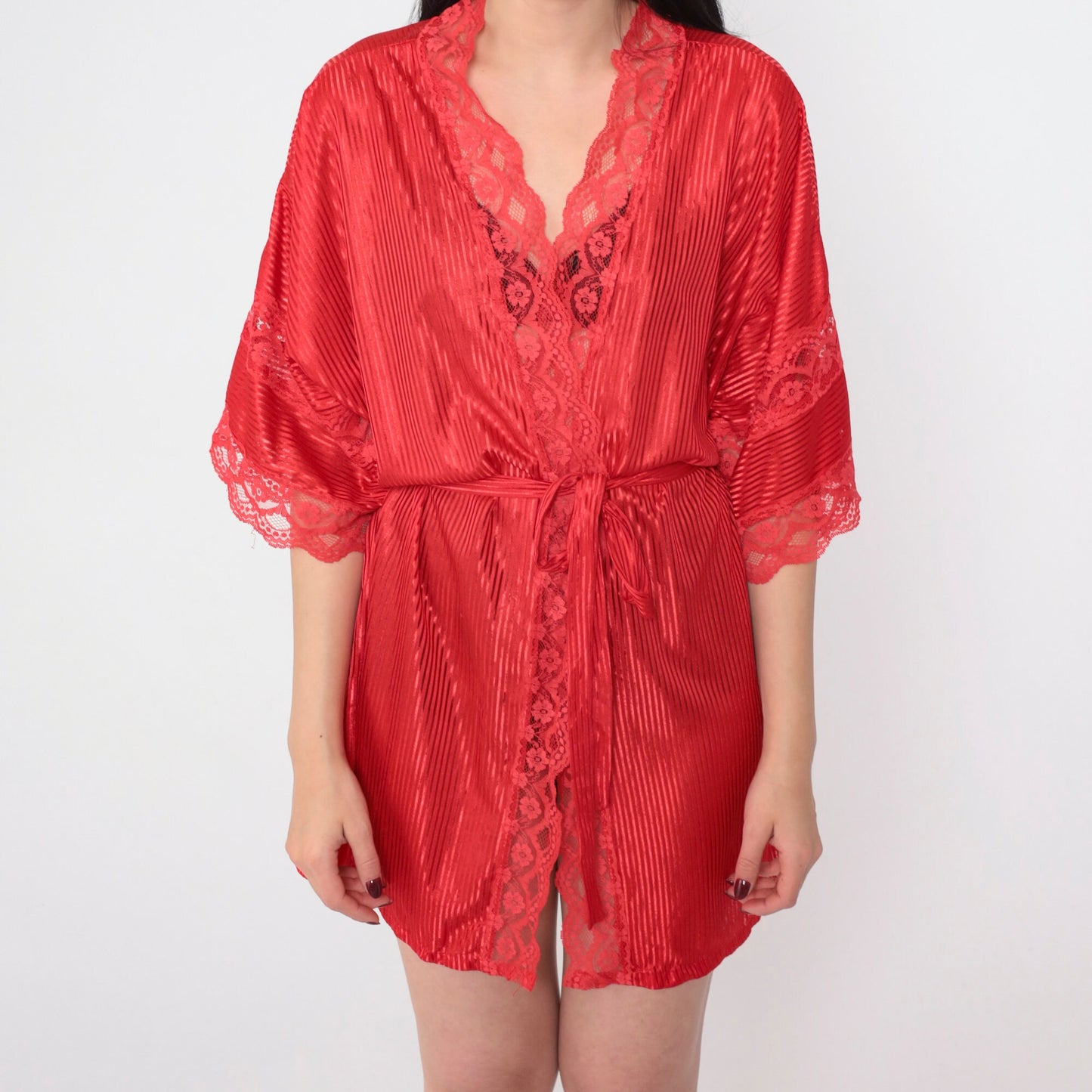 90s Fredericks of Hollywood Red Lace Striped Tie-Front Robe Mini Medium M