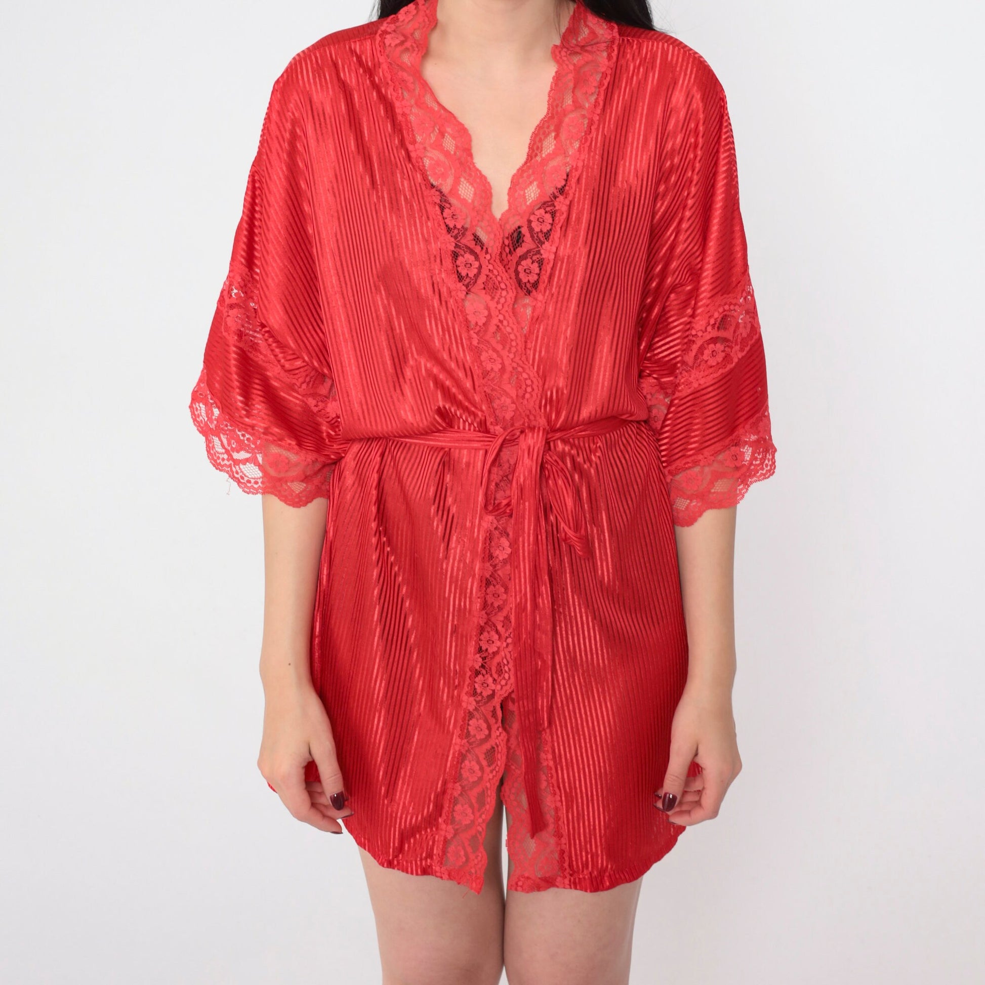 90s Fredericks of Hollywood Red Lace Striped Tie-Front Robe Mini Medium M