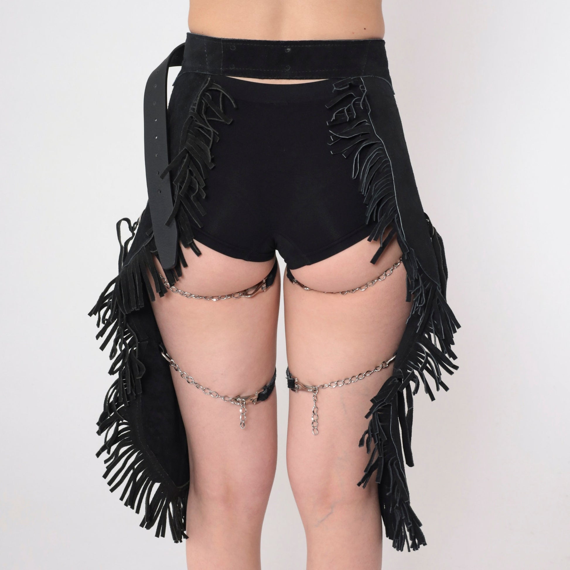 90s Black Suede Fringe Chaps Capri Length Concho Leg Straps Extra Small Medium