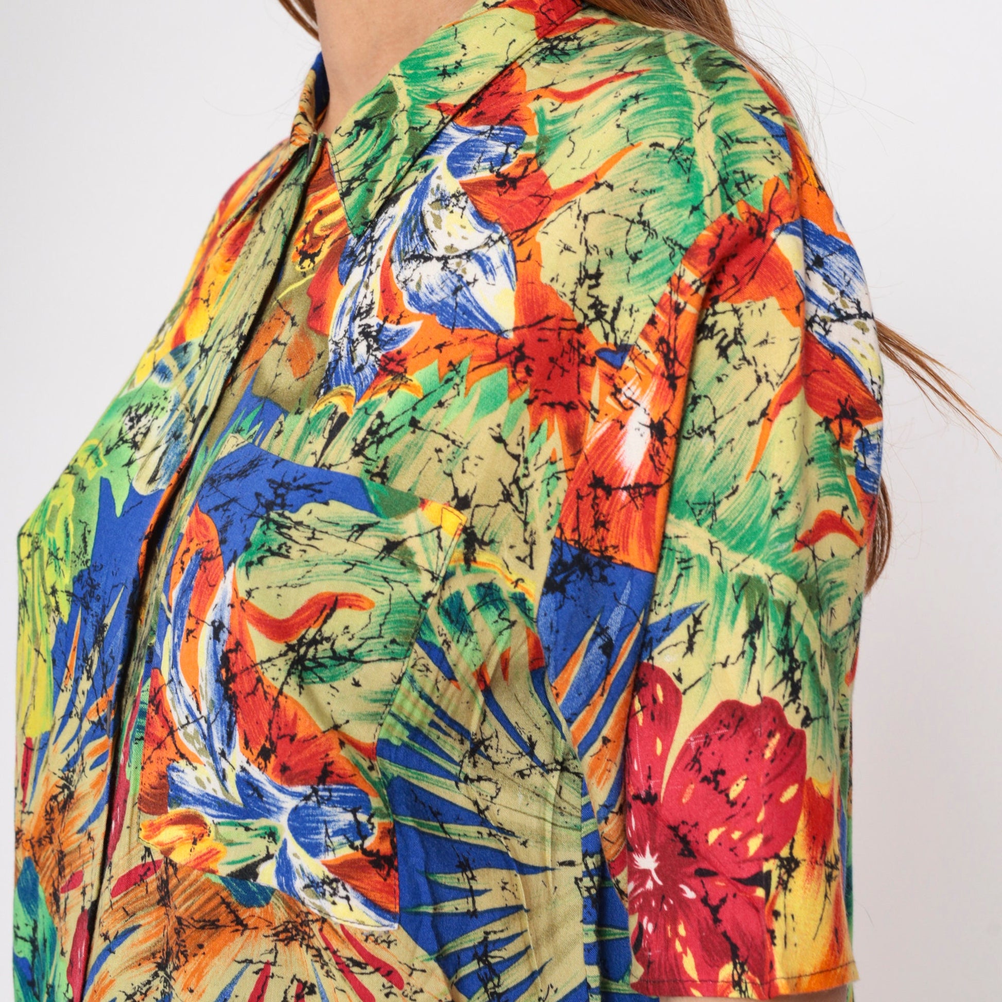 90s Tropical Floral Button-Up Blouse Red Black Marbled Print Short Sleeve Small