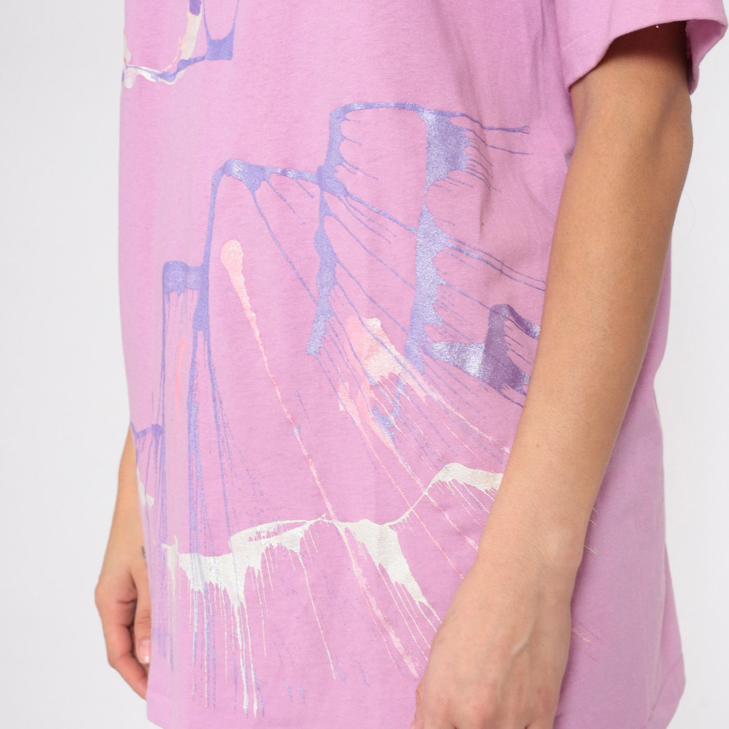 90s Pink Metallic Paint Splatter Graphic T-Shirt Single Stitch Large L