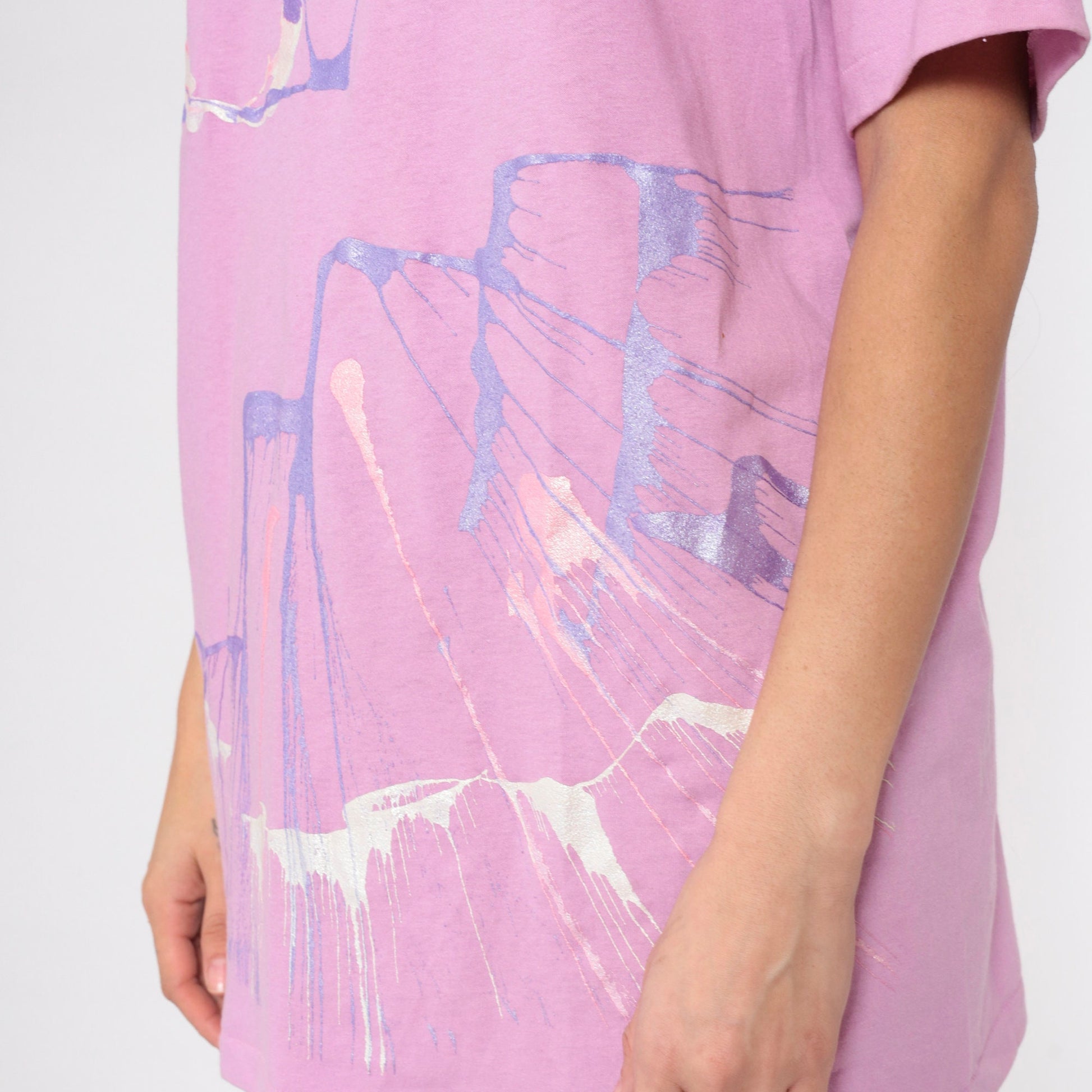 90s Pink Metallic Paint Splatter Graphic T-Shirt Single Stitch Large L