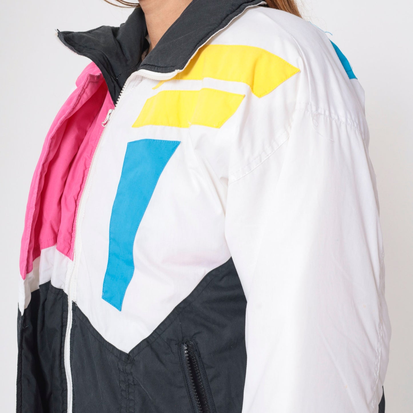 80s Geometric Colour Block Puffer Ski Jacket Black White Blue Pink Yellow Medium