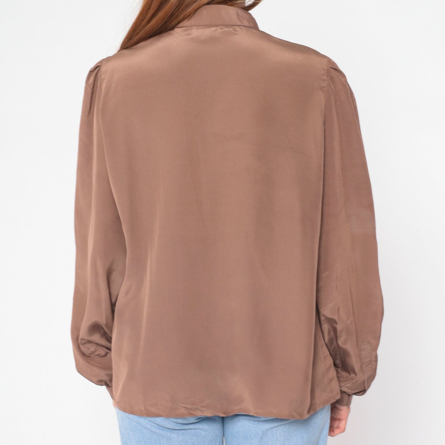 80s Regina Porter Puff Sleeve Blouse Mocha Brown Button Up Shirt Large