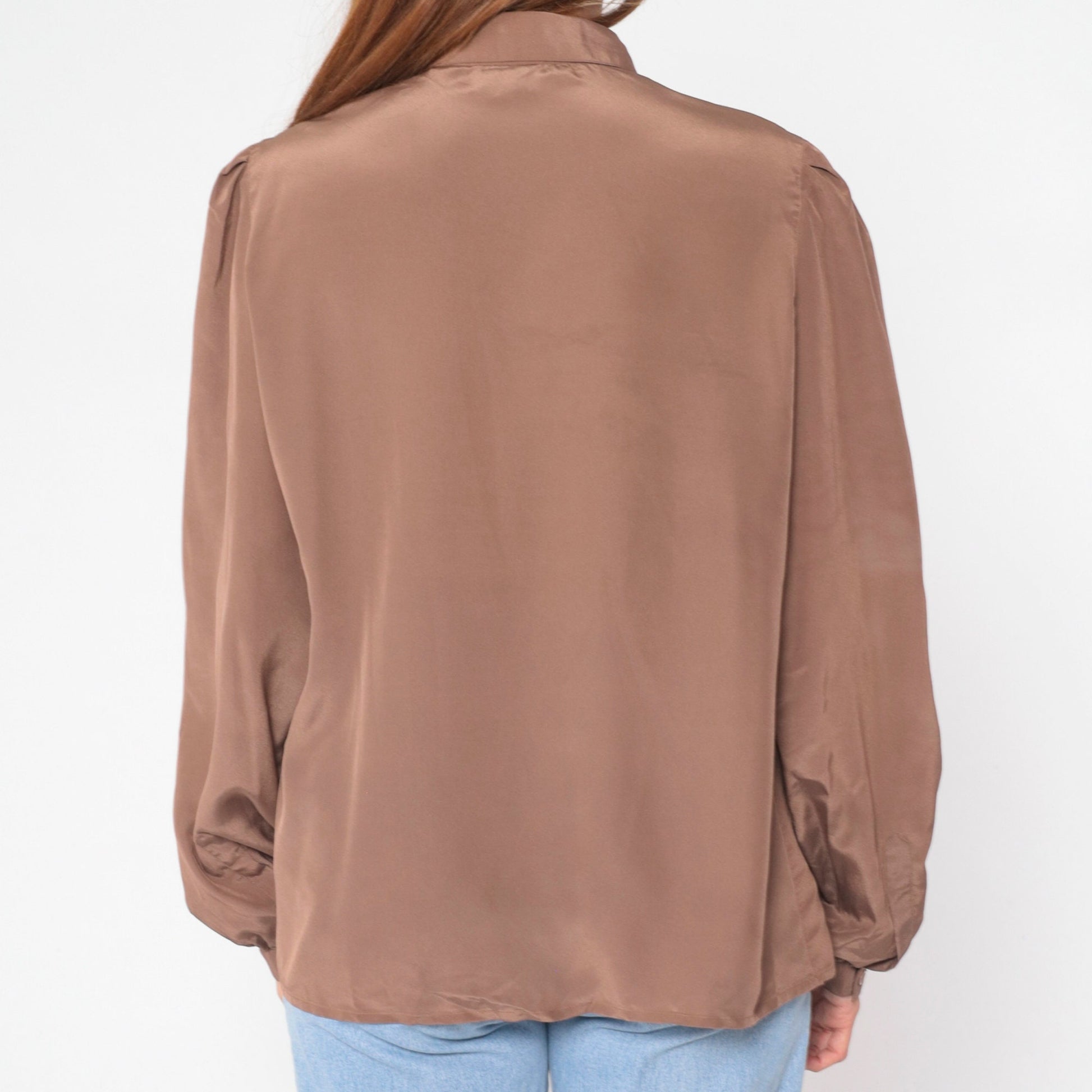 80s Regina Porter Puff Sleeve Blouse Mocha Brown Button Up Shirt Large