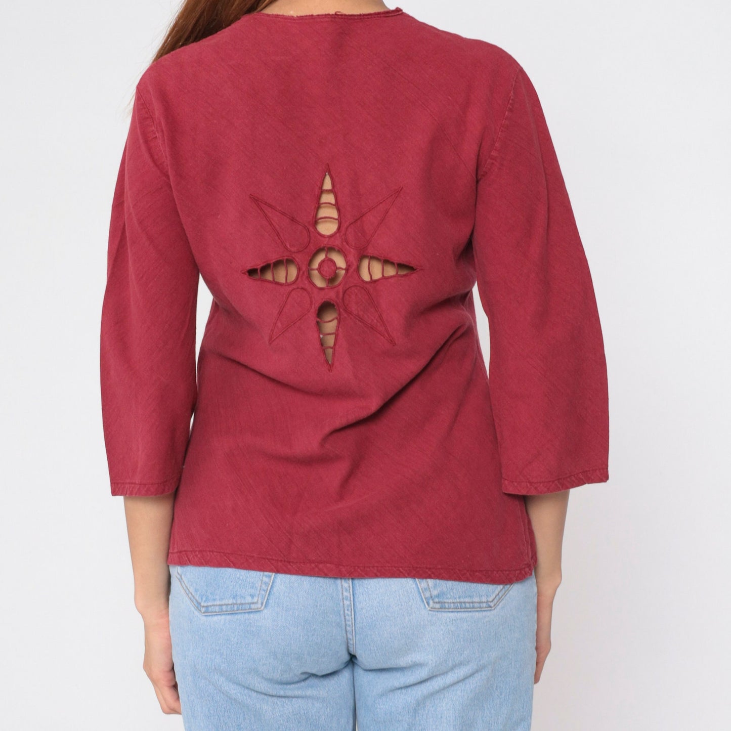 90s Burgundy Cutwork Blouse Floral Long Sleeve Tunic Small