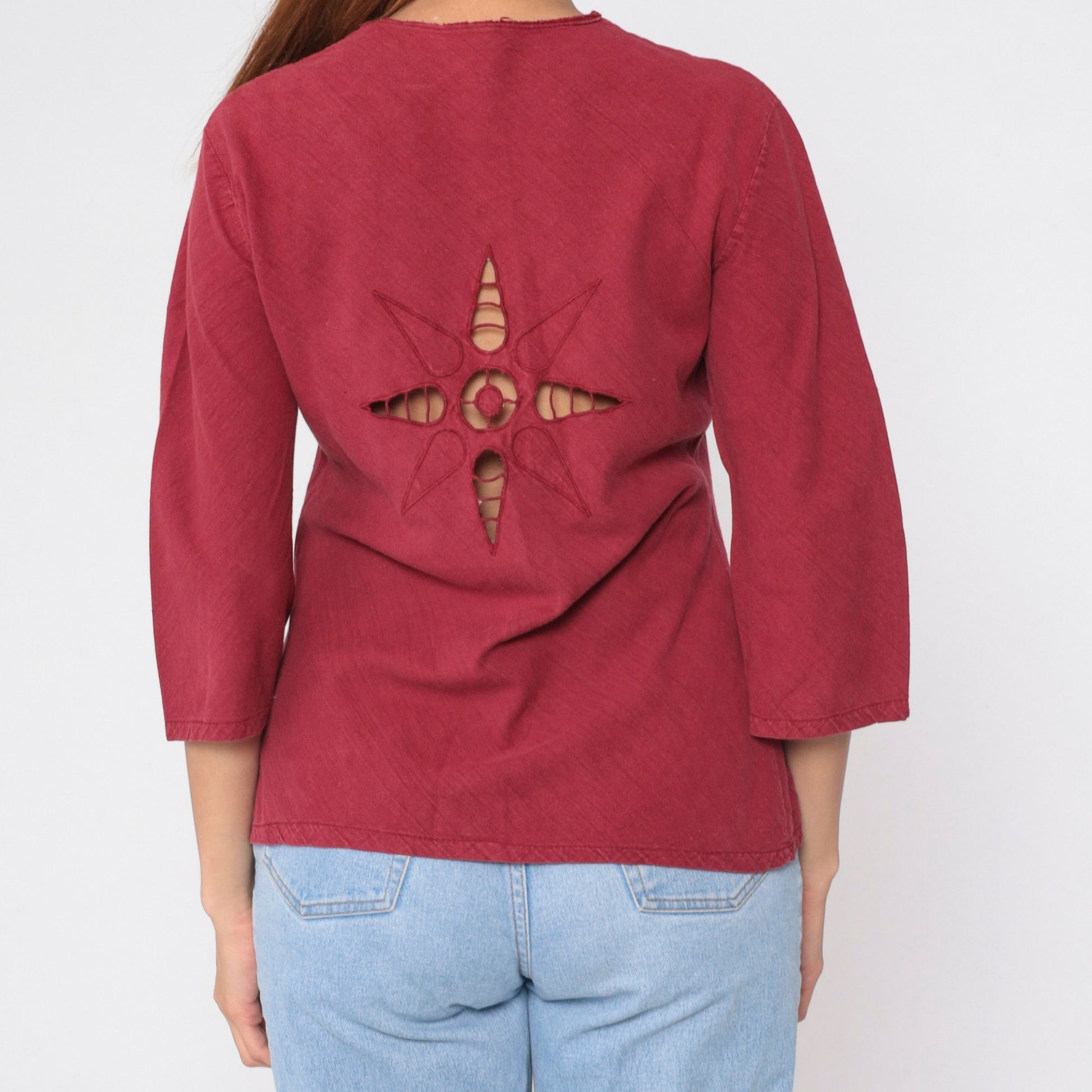 90s Burgundy Cutwork Blouse Floral Long Sleeve Tunic Small