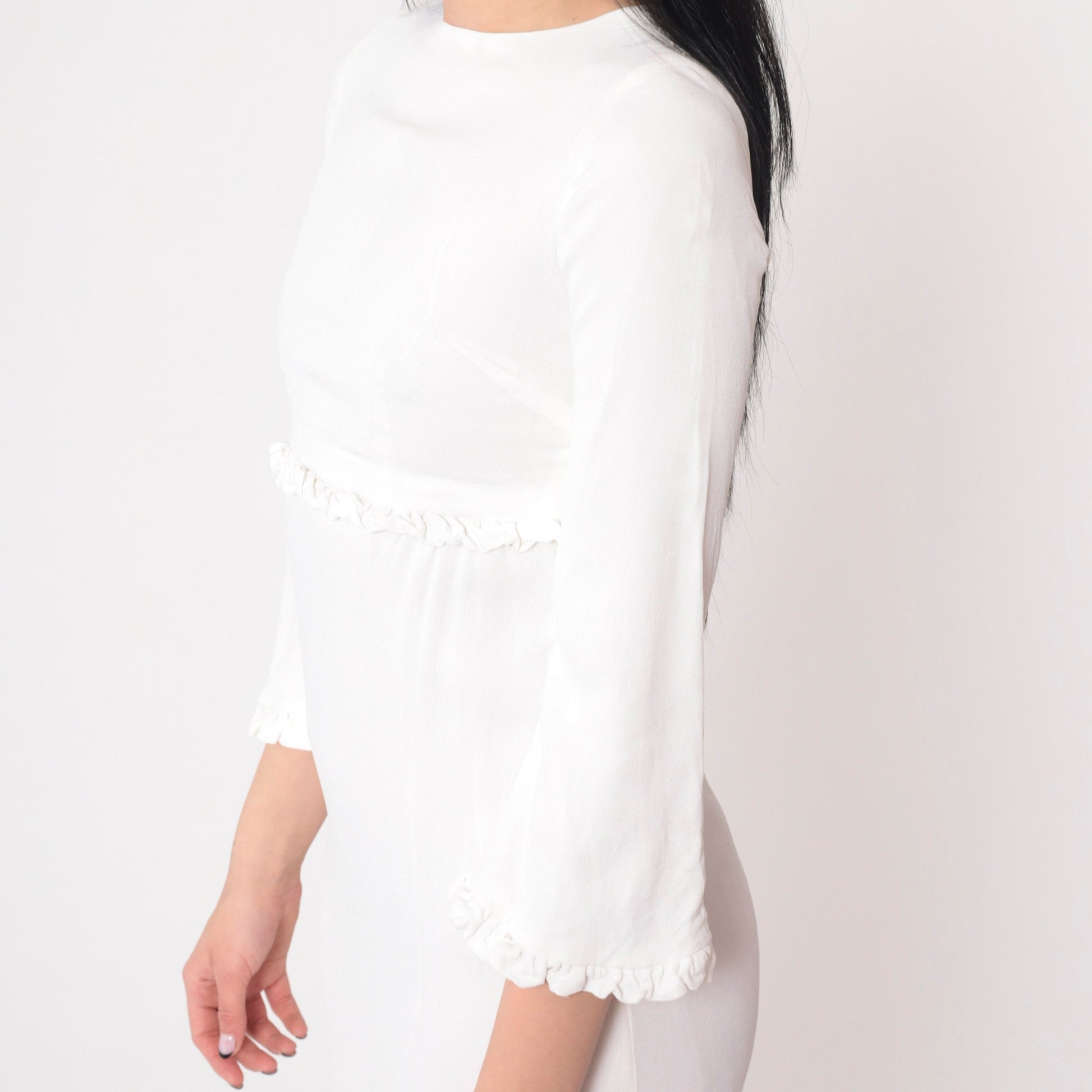 70s White Maxi Dress Empire Waist Bell Sleeve Ruffled Youth 10-12