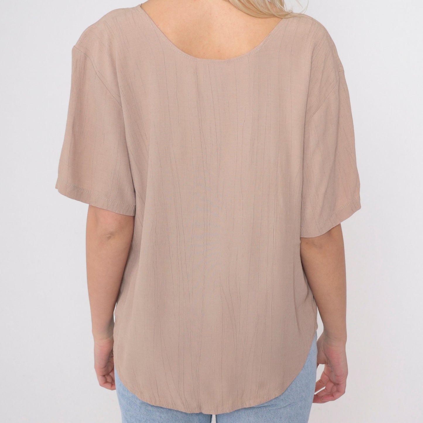 90s Clio Taupe Blouse Curved Hem Short Sleeve Pullover Small