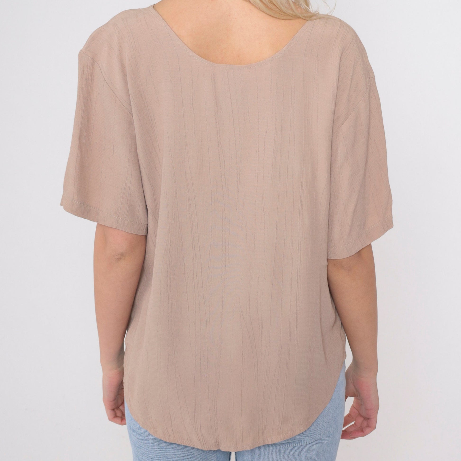 90s Clio Taupe Blouse Curved Hem Short Sleeve Pullover Small