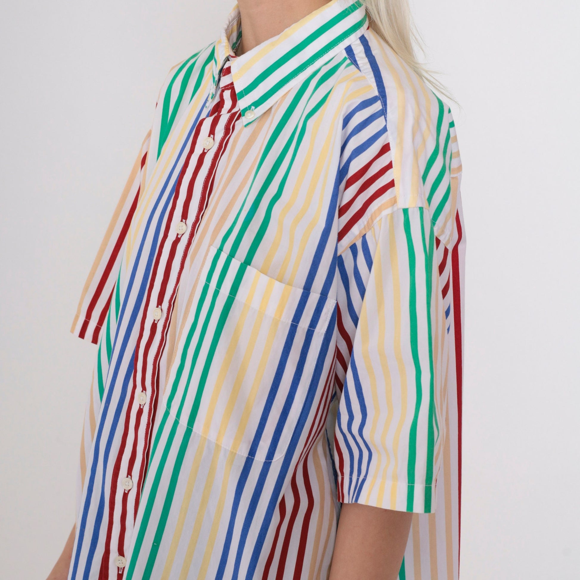 90s Van Heusen Striped Button-Up Shirt Multicolour Short Sleeve Men's Large