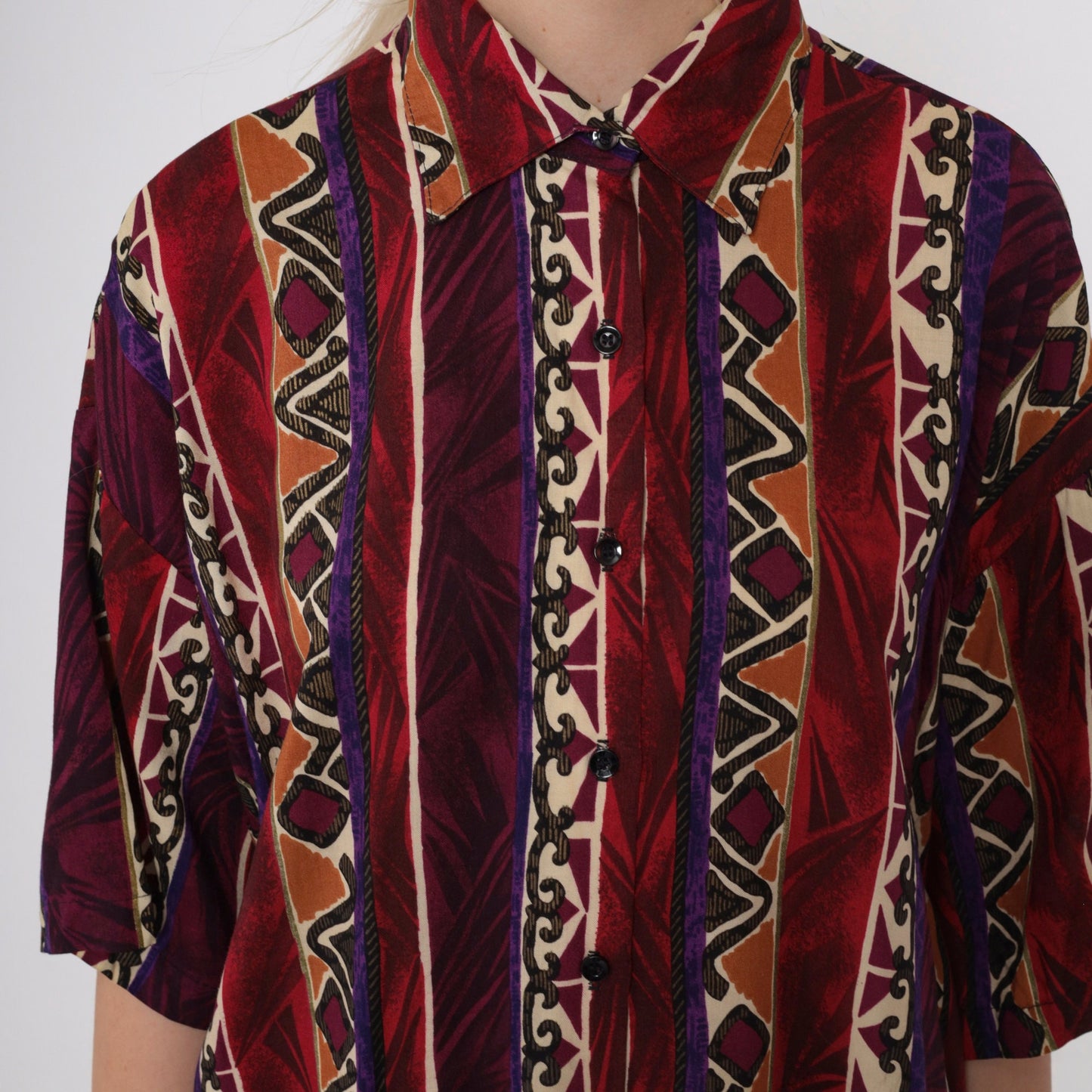90s Geometric Zig Zag Button Up Shirt Rayon Red Purple Diamond Large L