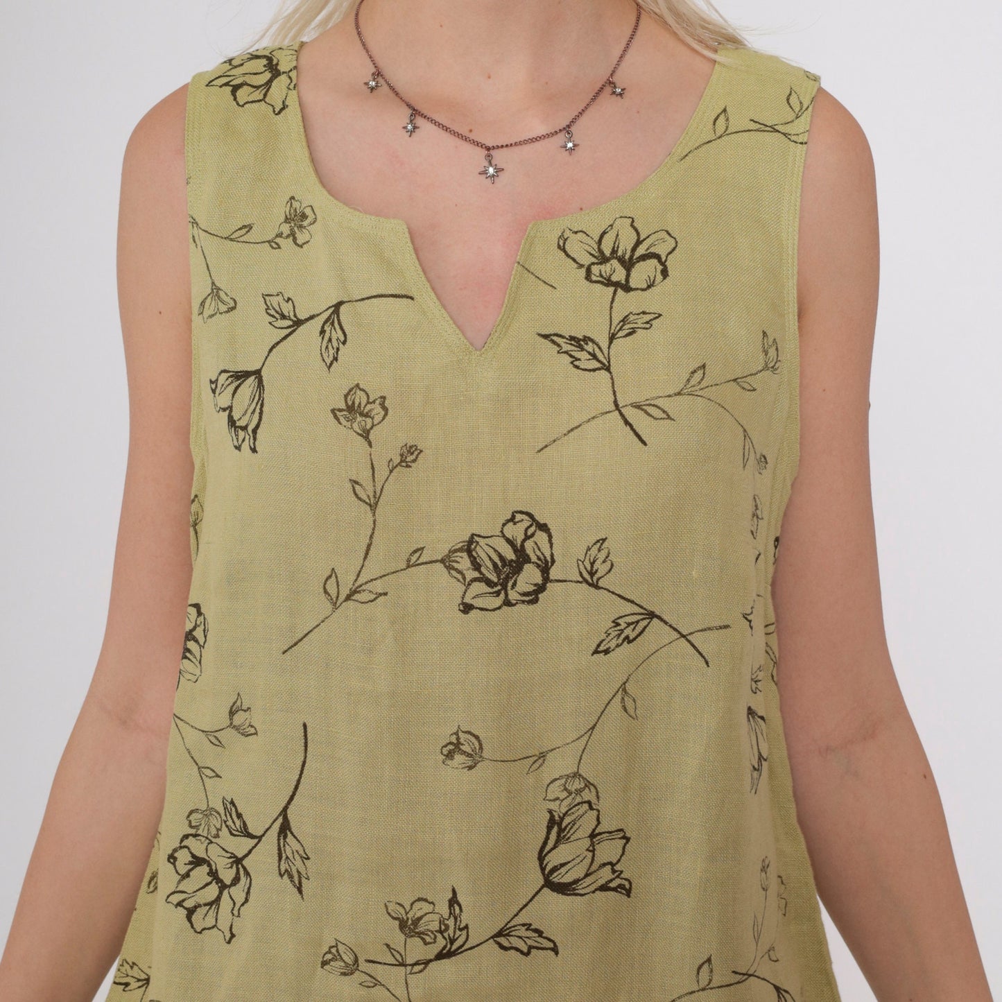 90s Style & Co. Floral Linen Midi Dress Chartreuse Sleeveless Slit Neckline Medium 10