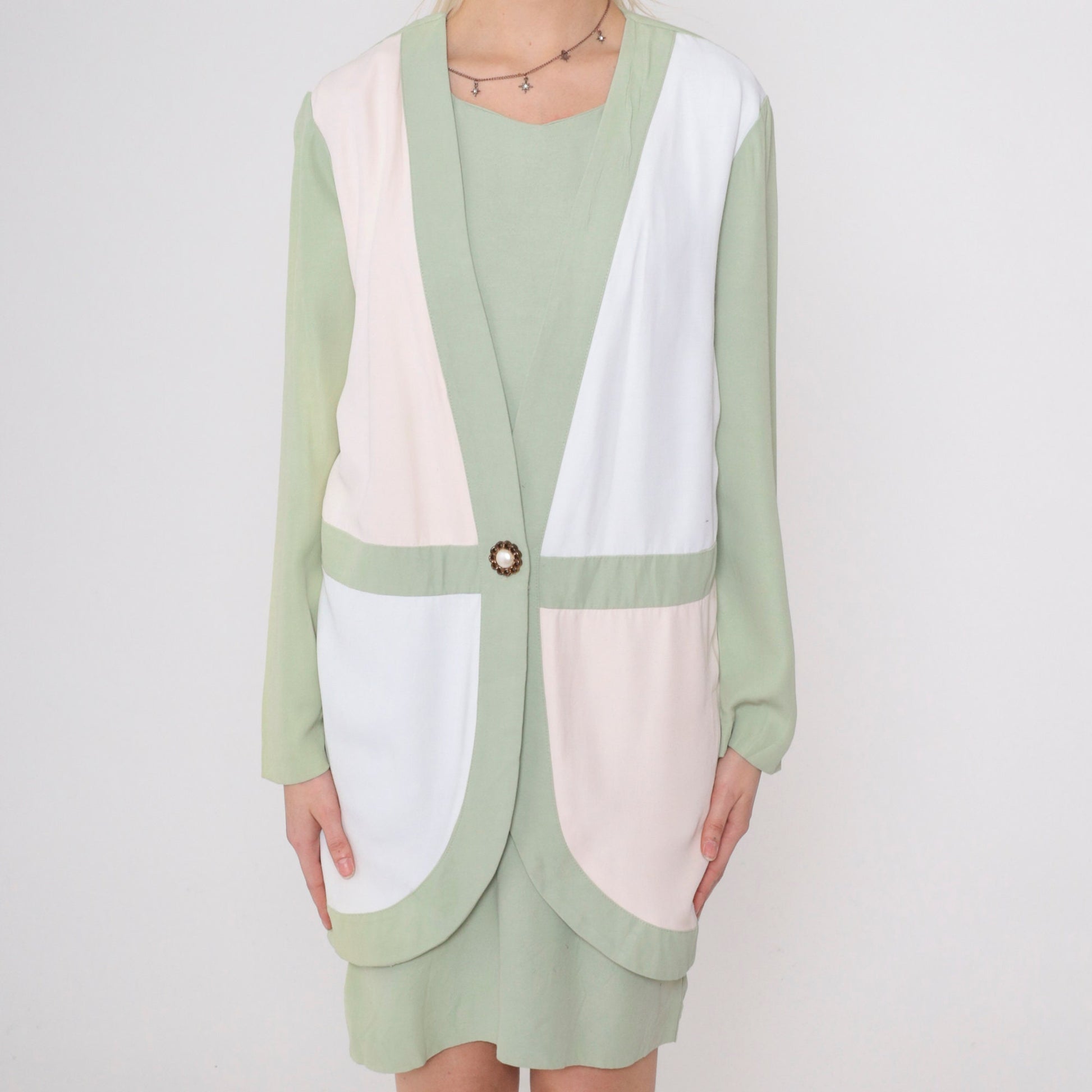 90s Sage Green Cream Colorblock Shift Dress Long Sleeve Midi Small 6