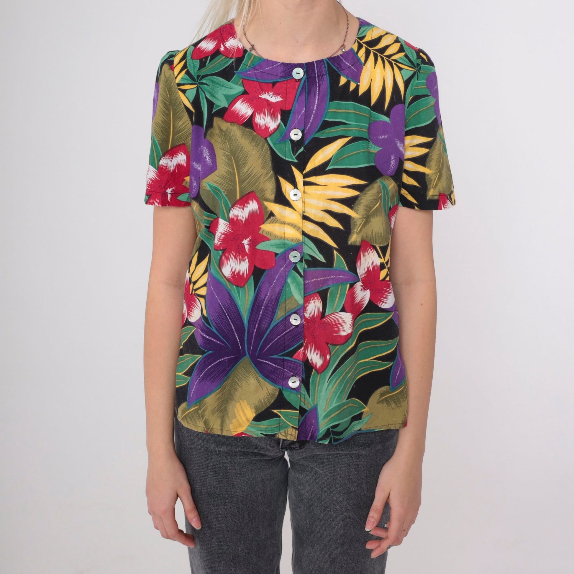 90s Tropical Floral Button-Up Blouse Black Botanical Print Short Sleeve Small