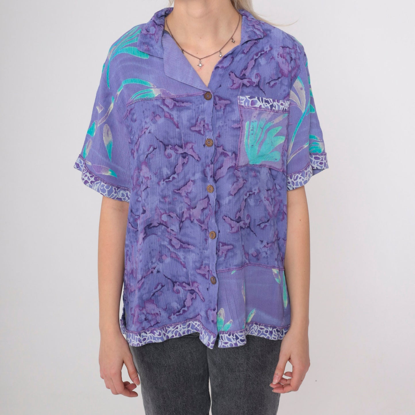 90s Tie Dye Button Up Shirt Purple Abstract Floral Rayon Medium
