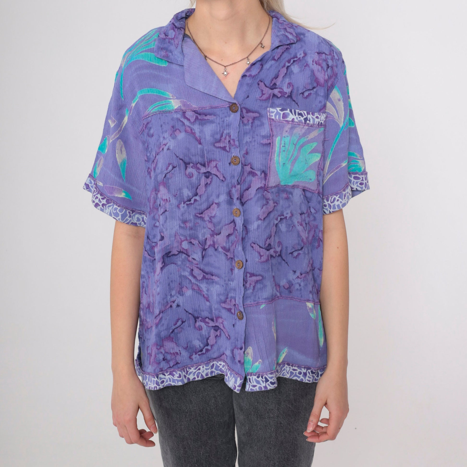90s Tie Dye Button Up Shirt Purple Abstract Floral Rayon Medium