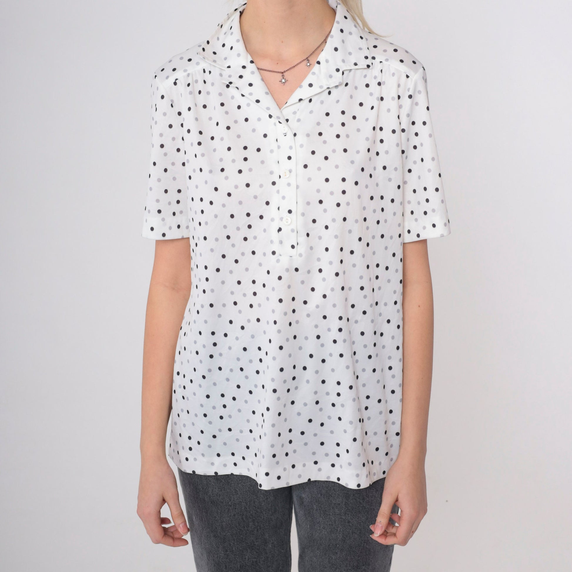 70s Polka Dot Button-Up Blouse White Black Grey Short Sleeve Medium