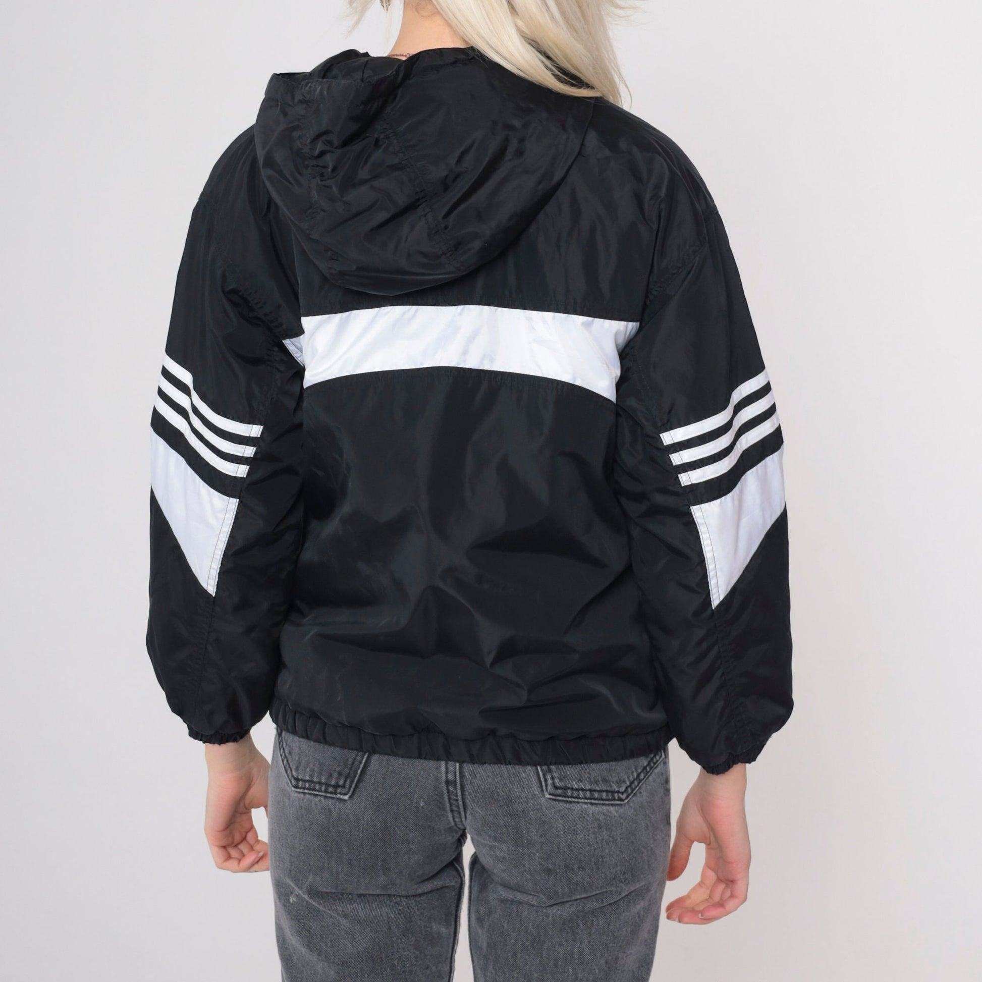 90s Adidas Hooded Windbreaker Black White Striped Nylon Jacket Medium